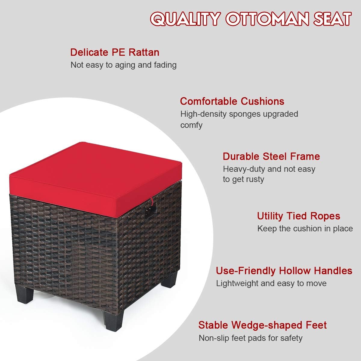 DORTALA 2-Piece Outdoor Wicker Ottoman Set - PE Rattan Side Table & Footstool with Cushions for Patio, Garden, Living Room, Couch & Chair (Red) - Perfect for Relaxing, Entertaining & Coffee Table Use