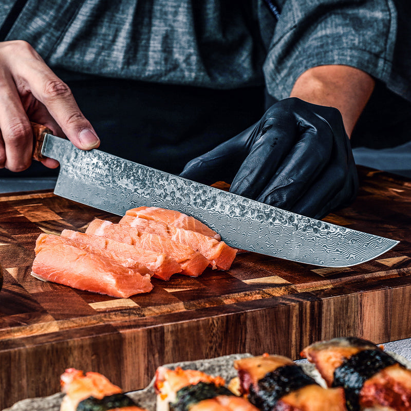 Premium Japanese Slicing Knife with Exotic Olive Wood Burl Handle - Professional Chef's Knife for Sushi, Meat & Vegetables | Perfect for Home Kitchens & Culinary Gifts