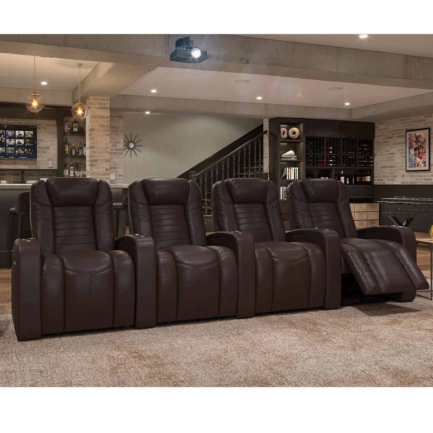 Octane Oasis Genuine Leather Power Recliner with Adjustable Headrest & Lumbar Support - Set of 4 Theater Seating (Brown) - Perfect for Home Theater, Game Room, and Living Room Comfort