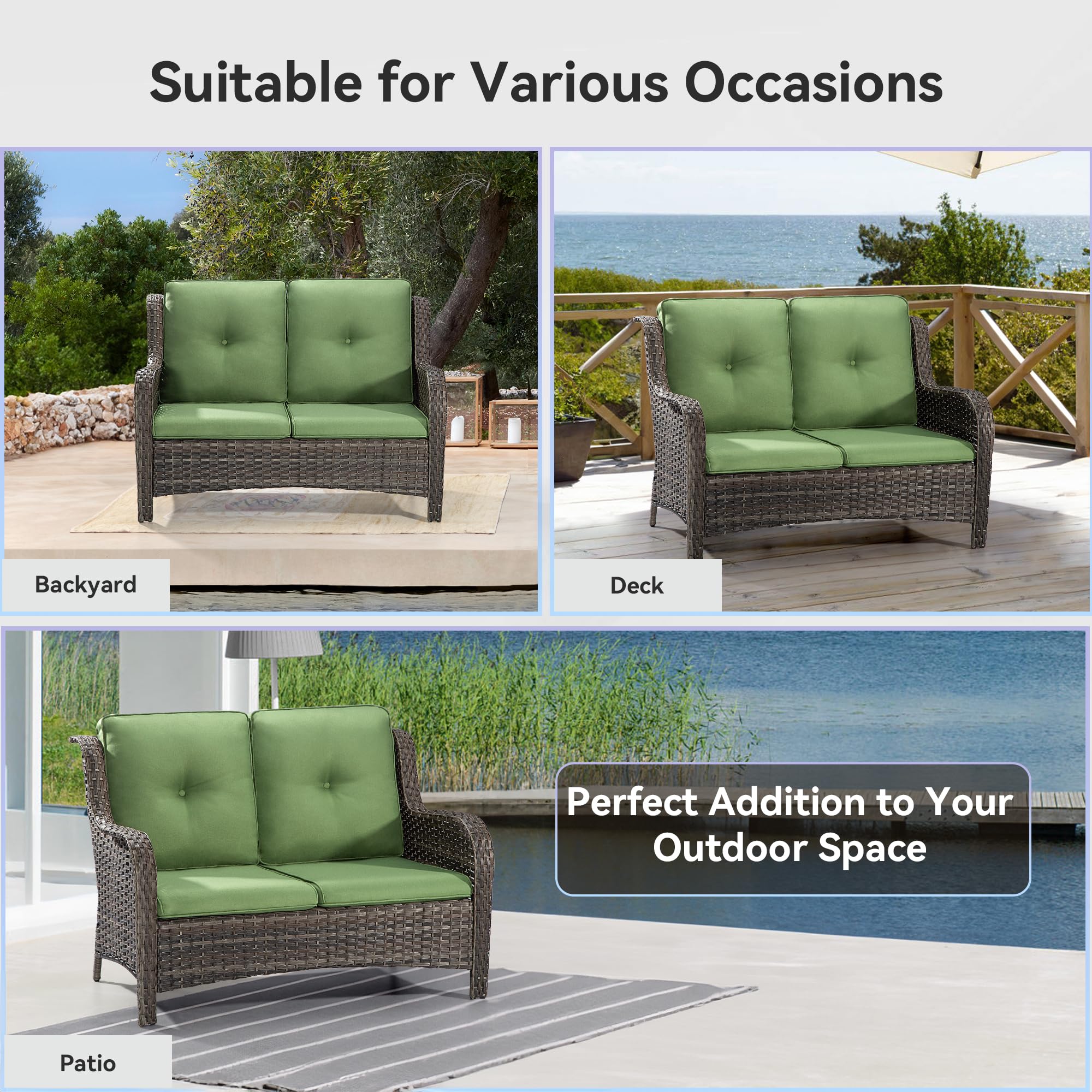 Wicker Patio Loveseat - 2-Seat Outdoor Couch with Deep Seating, High Back, Steel Frame & Cushion (Green) - Perfect for Garden, Balcony or Poolside Relaxation