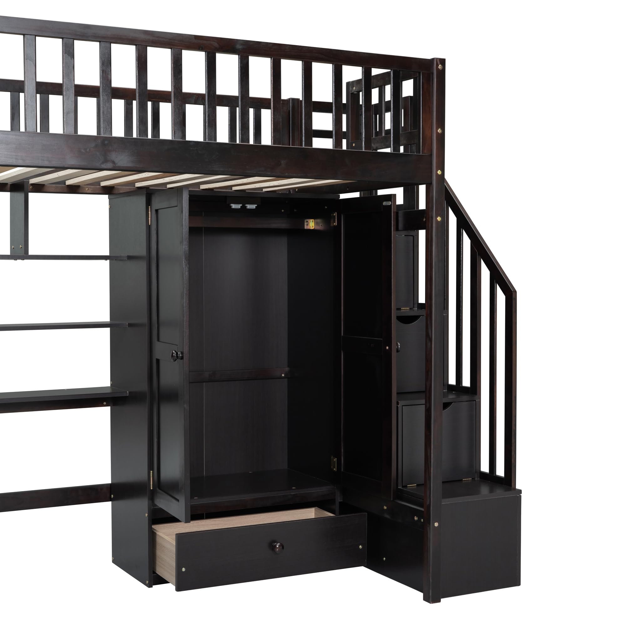 Espresso Twin Loft Bed with Staircase, Desk & Wardrobe - Wooden Storage Loft Bed with Safety Guardrail for Kids, Teens - Space-Saving Study & Sleep Solution for Small Bedrooms
