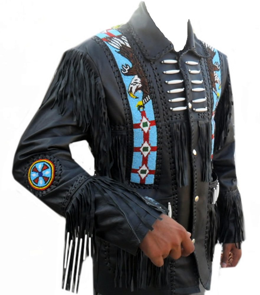 Classyak Western Cowboy Genuine Cowhide Leather Jacket with Fringe, Beads & Bone Decor - Perfect for Rodeo, Country Music Festivals & Western Fashion