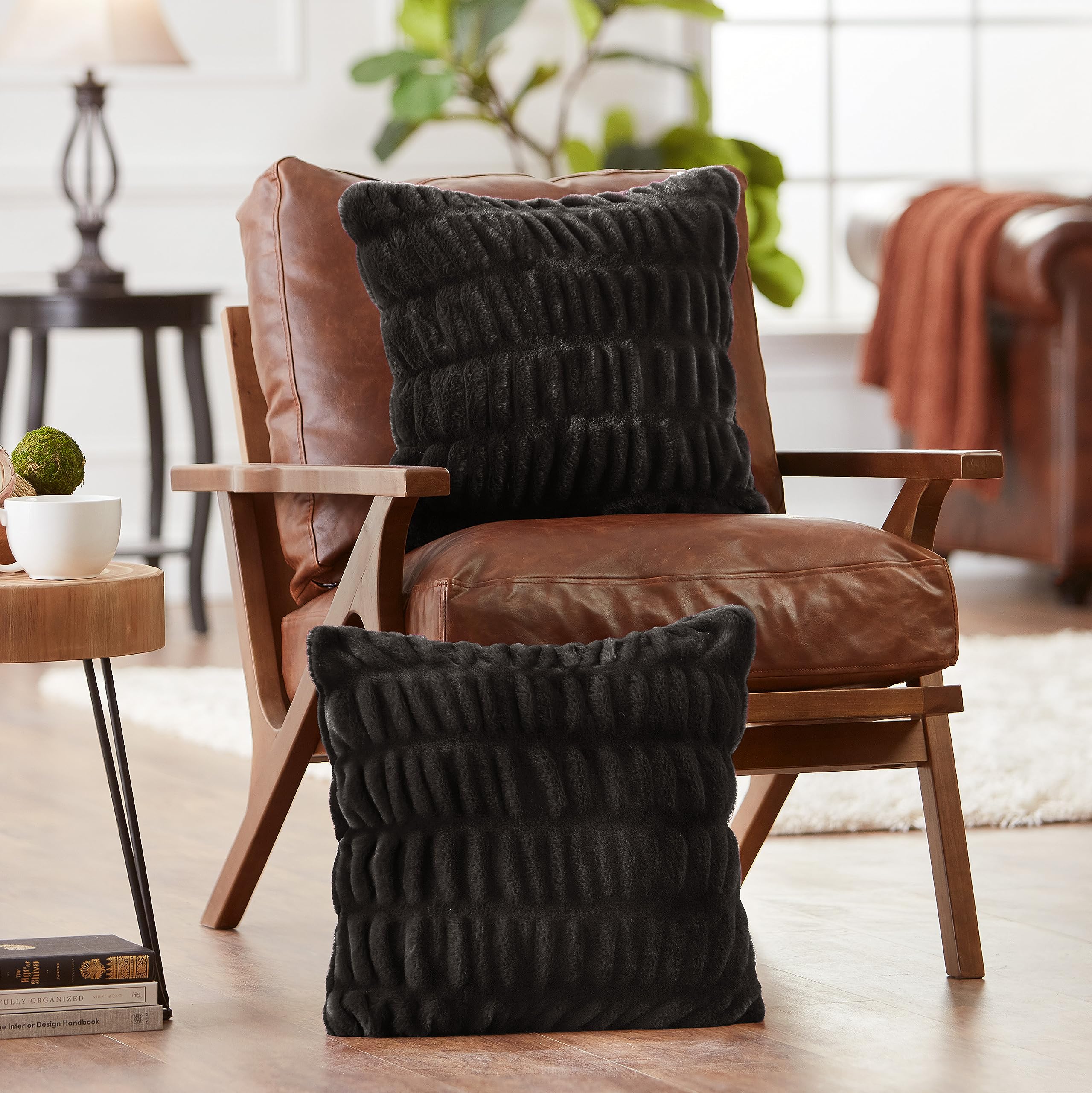 Chanasya Premium Ruched Faux Fur Throw Pillow Covers - Soft Plush Decorative Pillow Covers for Sofa, Bed, Couch - 18x18 Inch Set of 2 - Black - Perfect for Living Room, Bedroom & Home Decor