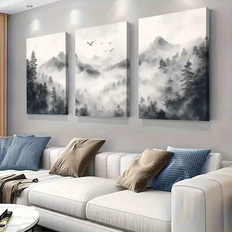 3-Piece Monochrome Forest Misty Art Set - Framed Canvas 50x70cm - High Quality Print Wall Art - 100% Australian Made - Ready to Hang - Perfect for Living Room, Bedroom & Office Decor