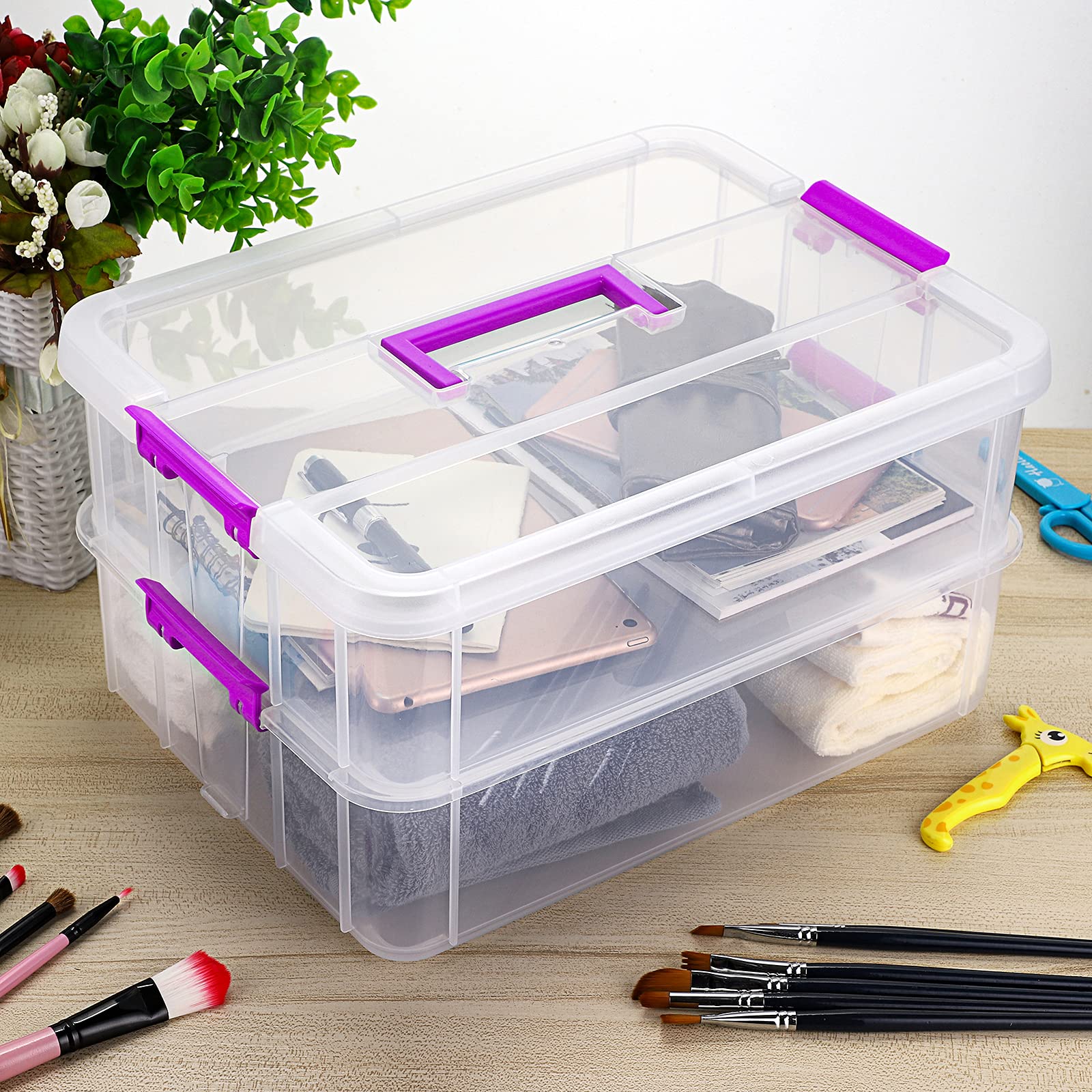 BTSKY 2 Layer Stackable Plastic Storage Box with Handle - Portable Organizer for Stationery, Art Supplies, Jewelry & Beauty Accessories - Perfect for Home, Office & Craft Room Organization (Purple)