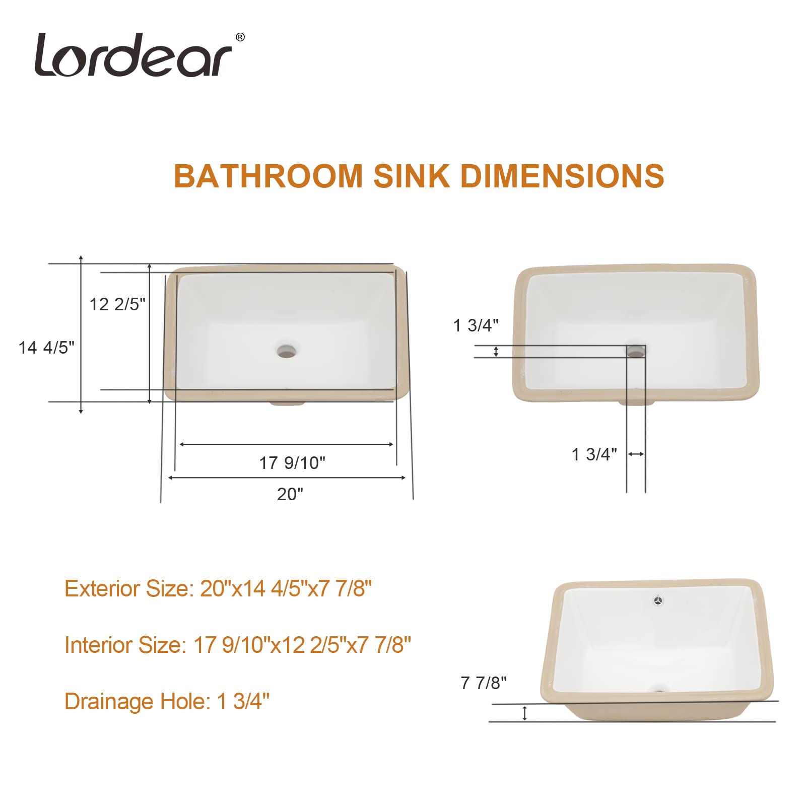 Lordear 20x15 Inch Undermount Bathroom Sink - White Porcelain Ceramic Vanity Sink Basin with Overflow - Rectangle Under Counter Lavatory for Modern Bathrooms (Perfect for Home Renovation & Guest Bathroom Upgrades)