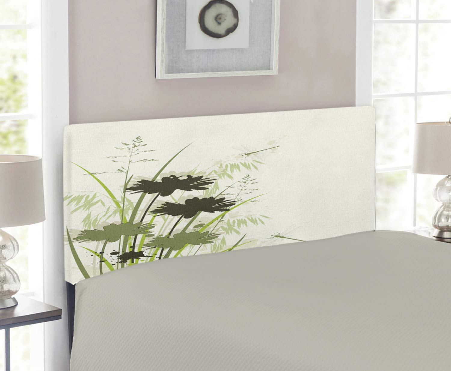 Ambesonne Dragonfly Headboard - Upholstered Decorative Metal Bed Headboard with Memory Foam, Twin Size, Pale Green & Dark Green Abstract Floral Design - Perfect for Bedroom Decor & Guest Room Makeover