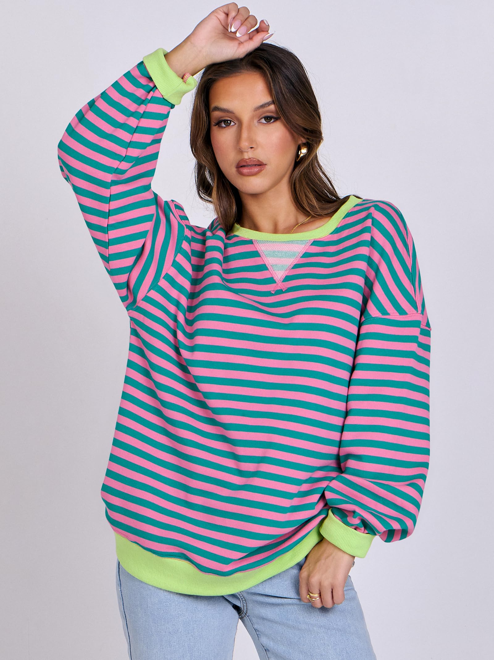 ANRABESS Women's Striped Oversized Sweatshirt - Long Sleeve Crewneck Pullover Sweater | 2025 Fall Fashion Trendy Casual Wear | Perfect for Lounge, Street Style & Layering Outfits
