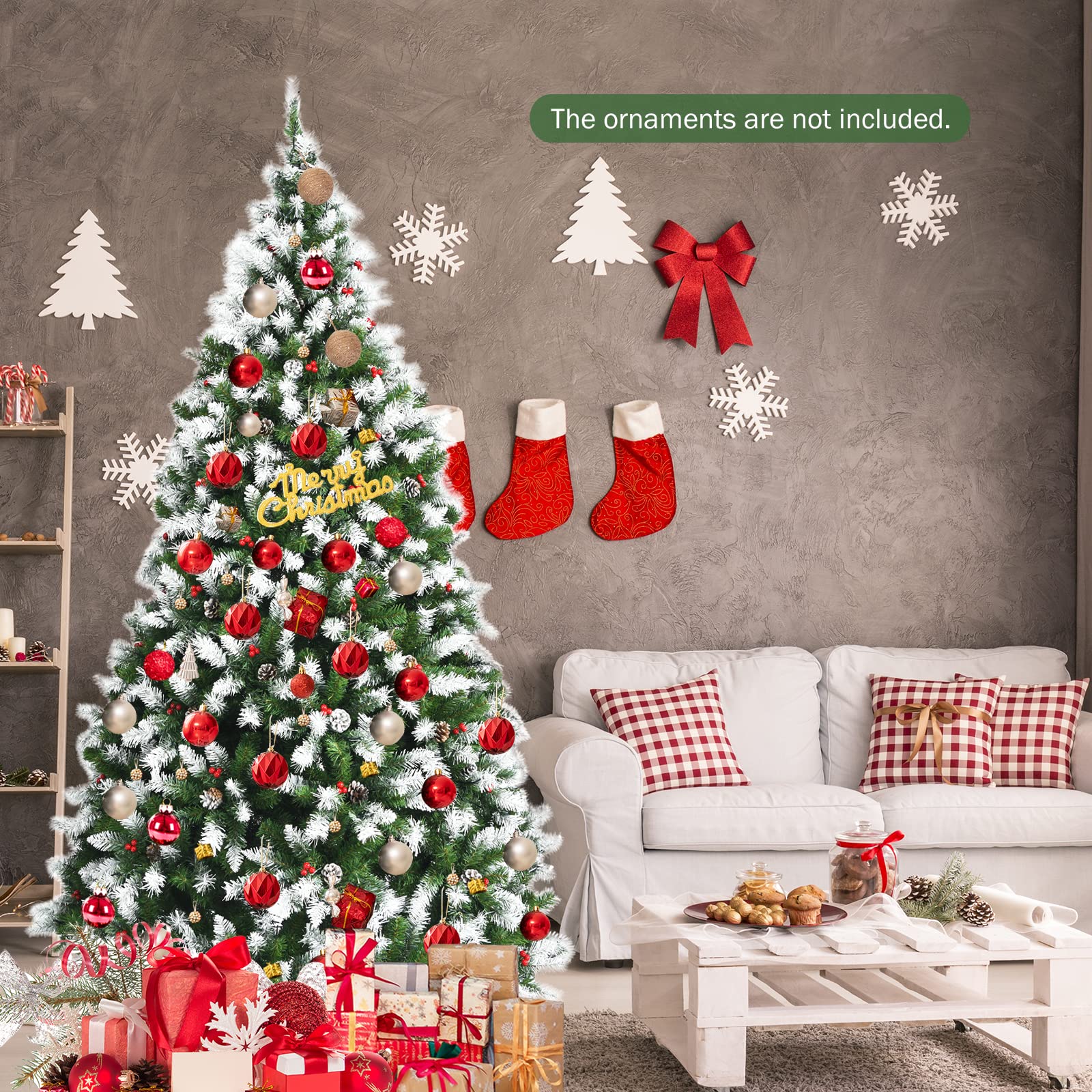 GOFLAME 7.5ft Pre-Lit Artificial Christmas Tree with 550 Warm White LED Lights, 8 Lighting Modes, Snow Flocked Hinged Branches & Sturdy Metal Stand - Perfect for Living Room, Office, and Holiday Festival Decorations