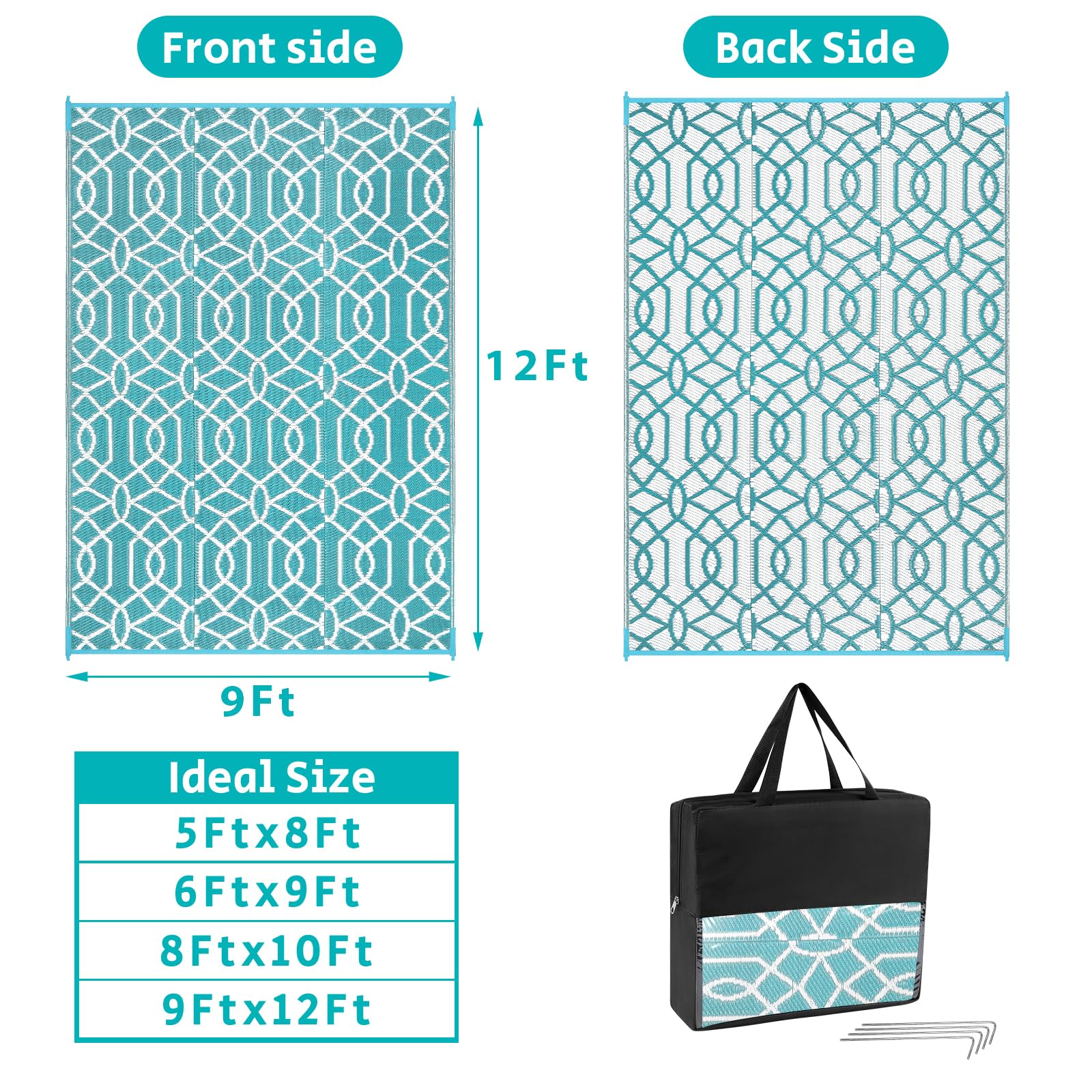 HEBE 9'x12' Waterproof Reversible Outdoor Rug for Patio, Deck, Balcony, RV & Camping - Durable Plastic Straw Mat for Backyard, Porch, Camper - Perfect for Outdoor Entertaining & Relaxation