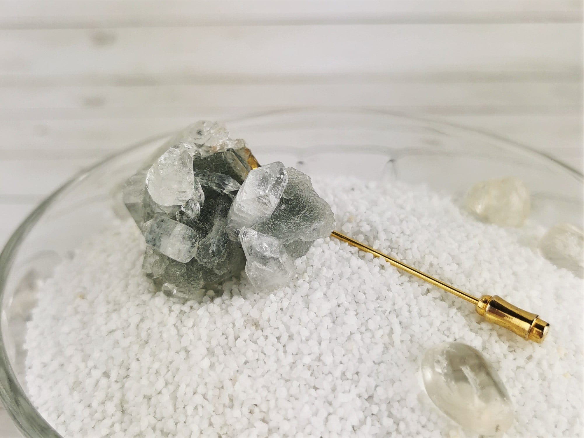 Natural Apophyllite Crystal Boutonniere Pin - Healing Stone for Men's Suits, Wedding, Prom & Formal Events