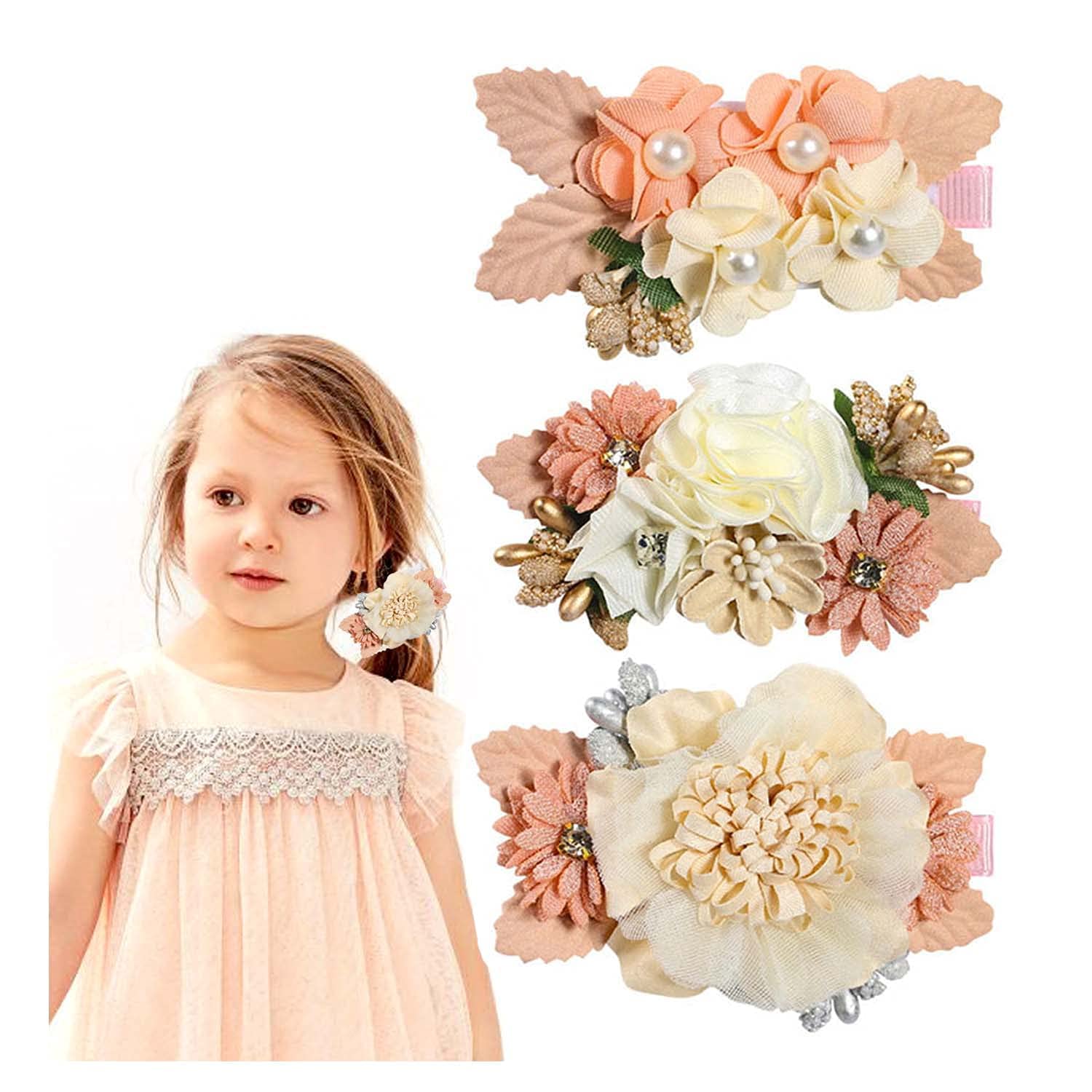 3 Pieces Flower Hair Clips Set - Cute Artificial Floral Hair Bows & Hair Accessories for Girls, Teens, Toddlers (Pink) - Perfect for Weddings, Parties, School & Daily Wear