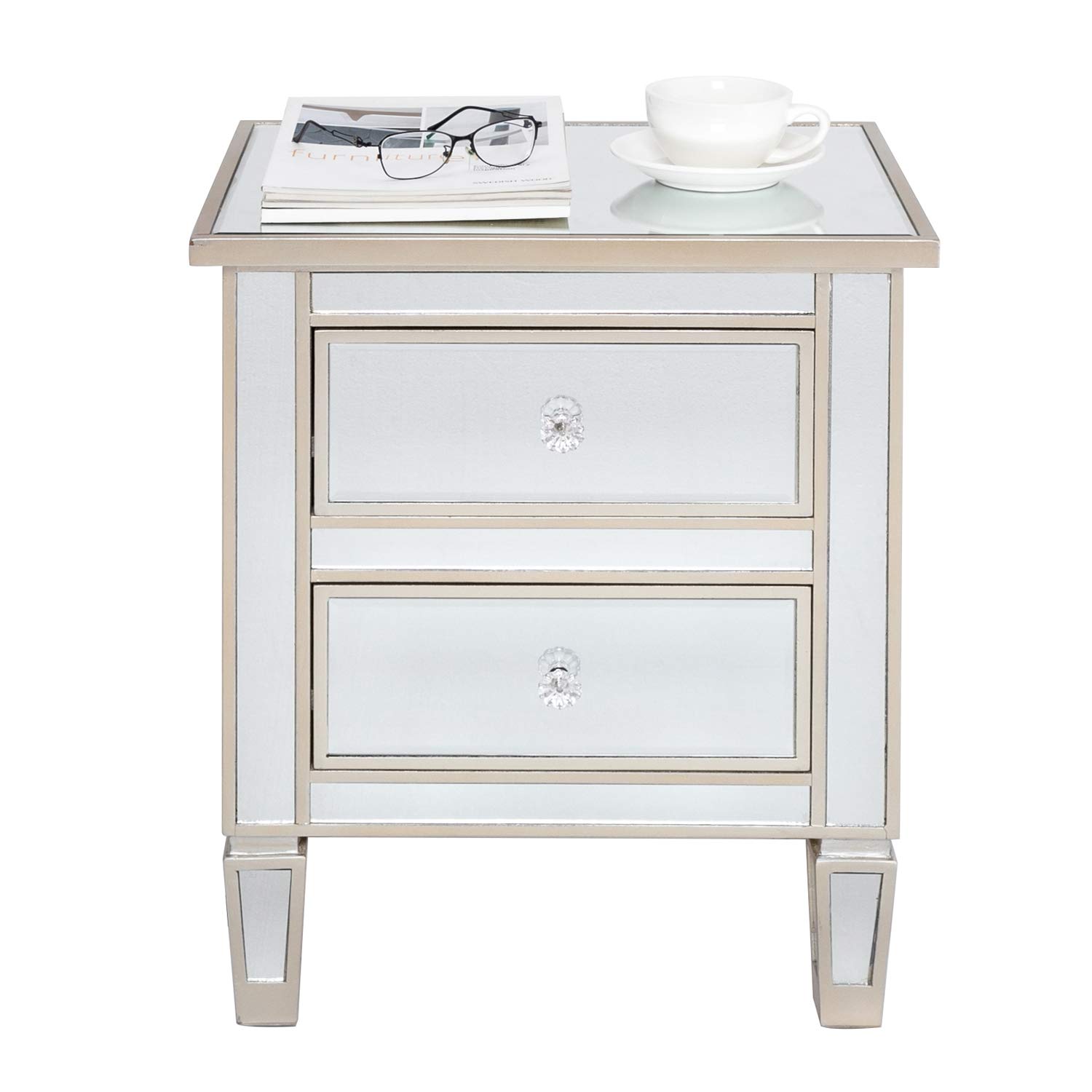 Mirrored Nightstand End Tables with Crystal Knobs - Smooth Mirror Finish Accent Table for Bedroom & Living Room - Perfect as Bedside Table, Vanity Dresser or Entryway Decor