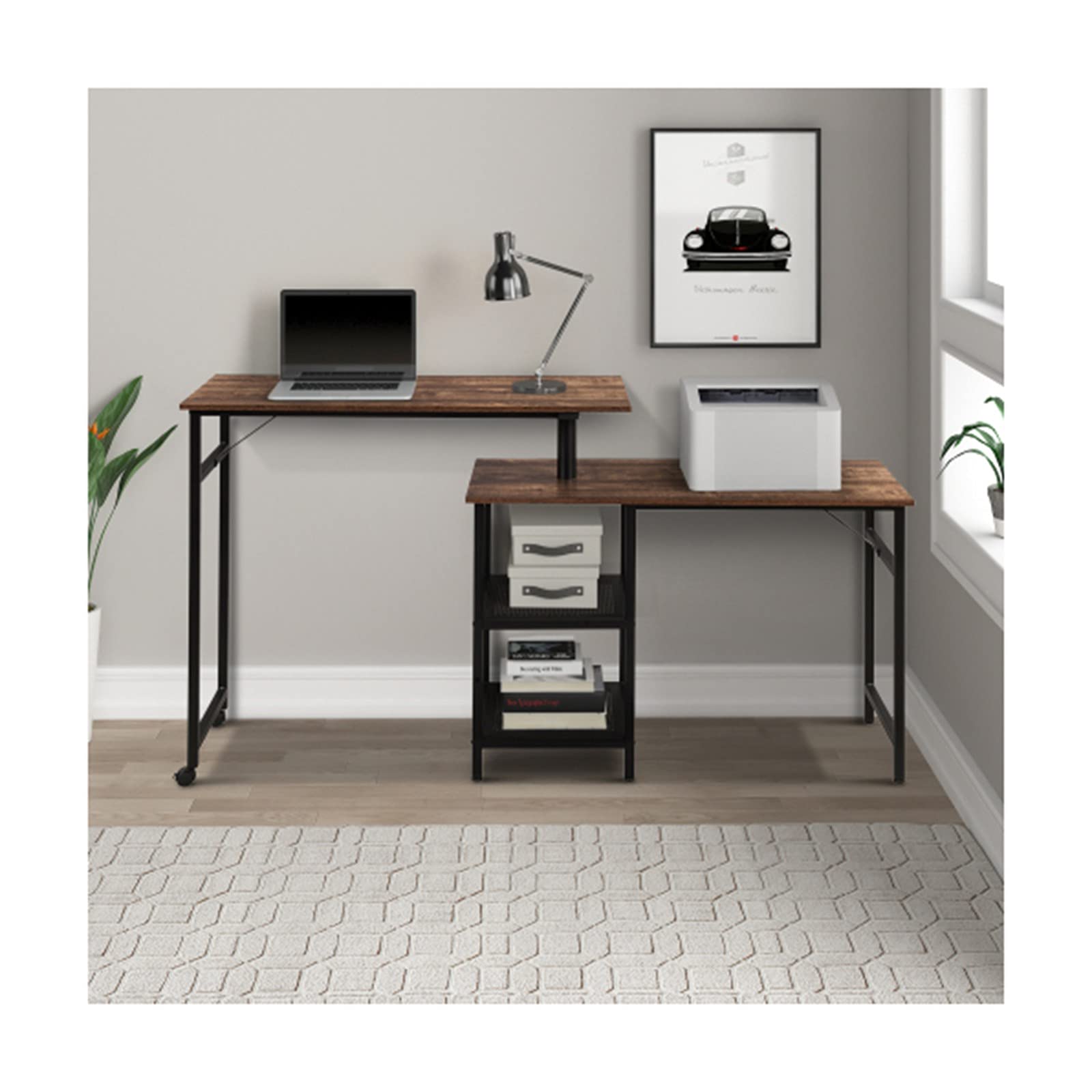 Qgg L-Shaped Rotating Standing Desk - 360° Adjustable Home Office Computer Desk with Storage Shelf, Industrial Style Corner Workstation (Brown) - Perfect for Small Spaces & Ergonomic Workspaces