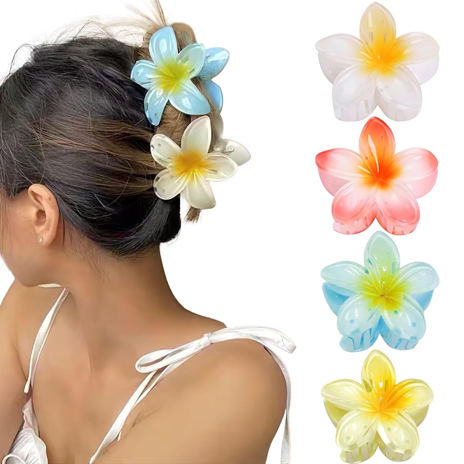 Bakefy 4-Pack Hawaiian Flower Claw Clips for Women - Large Plumeria Hair Clips for Thin & Thick Hair - Tropical Beach Hair Accessories for Girls & Women - Perfect for Summer, Vacations & Boho Styles