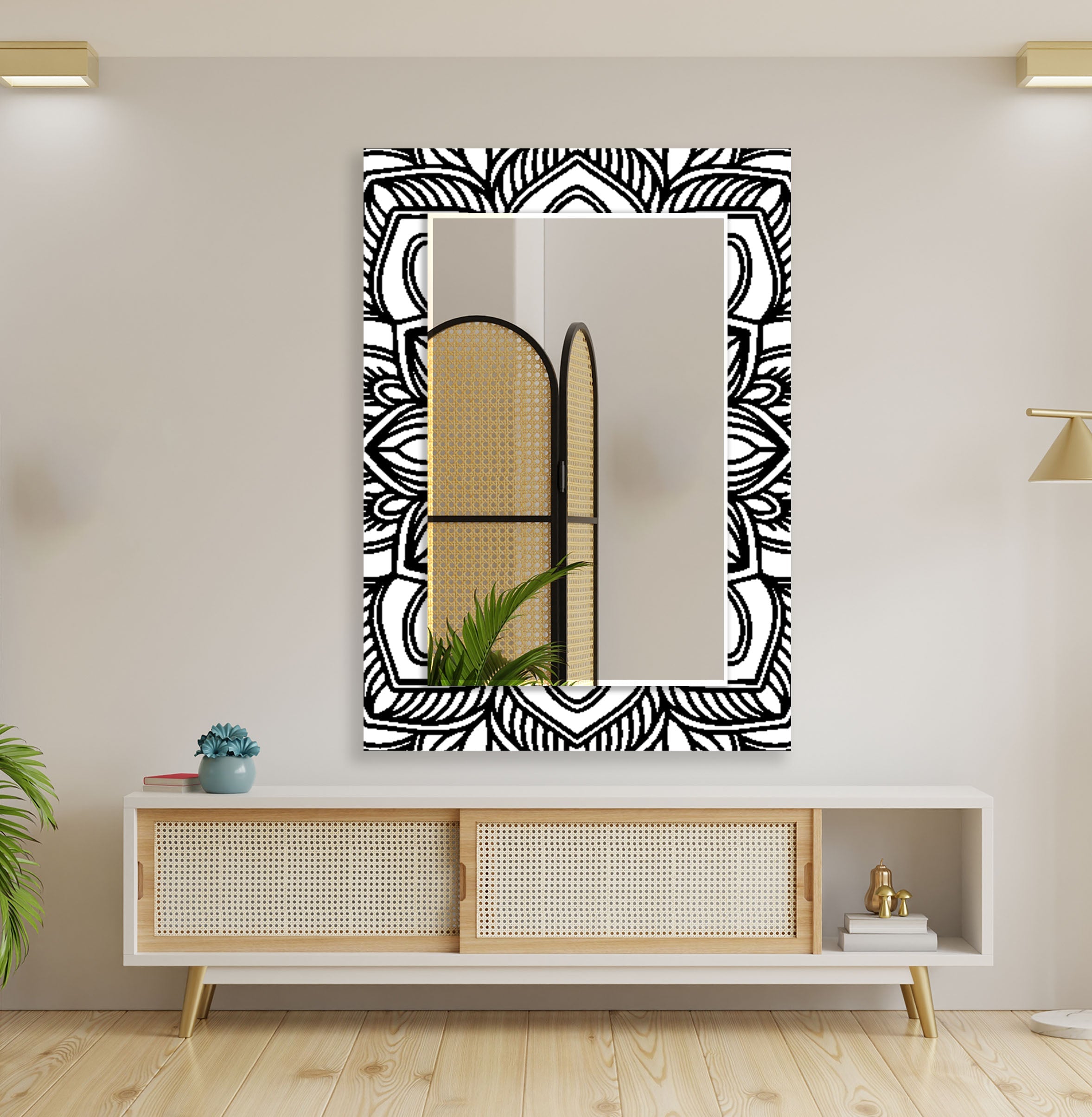 Black and White Mandala Round Wall Mirror - Boho Decor for Living Room, Bedroom, or Entryway - Handcrafted Spiritual Home Decor