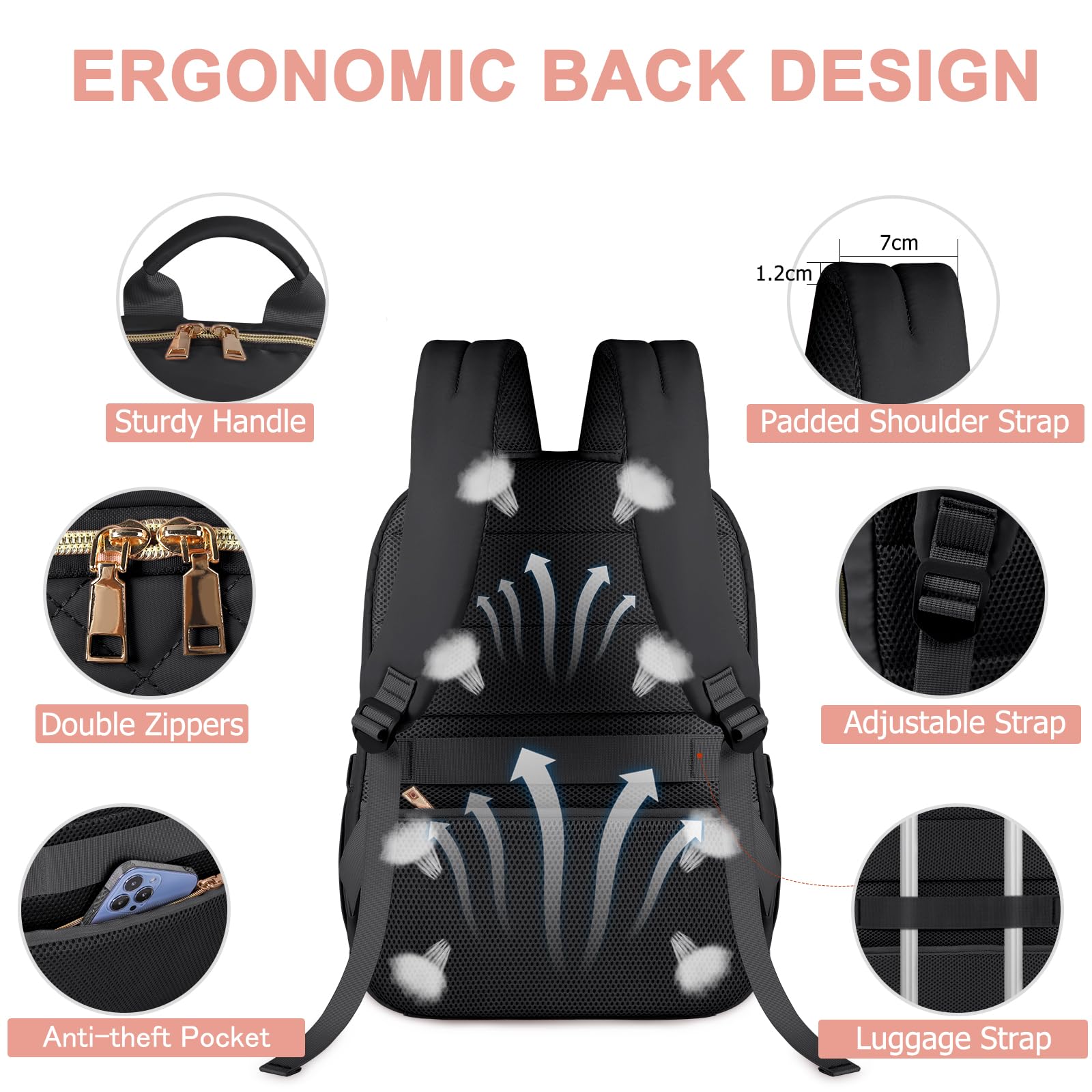 15.6 Inch Women's Travel Backpack - TSA Friendly Carry On Laptop Backpack with USB Charging Port & Headphone Jack, Waterproof College School Business Backpack (Black) - Perfect for Air Travel, Commuting & Campus Life