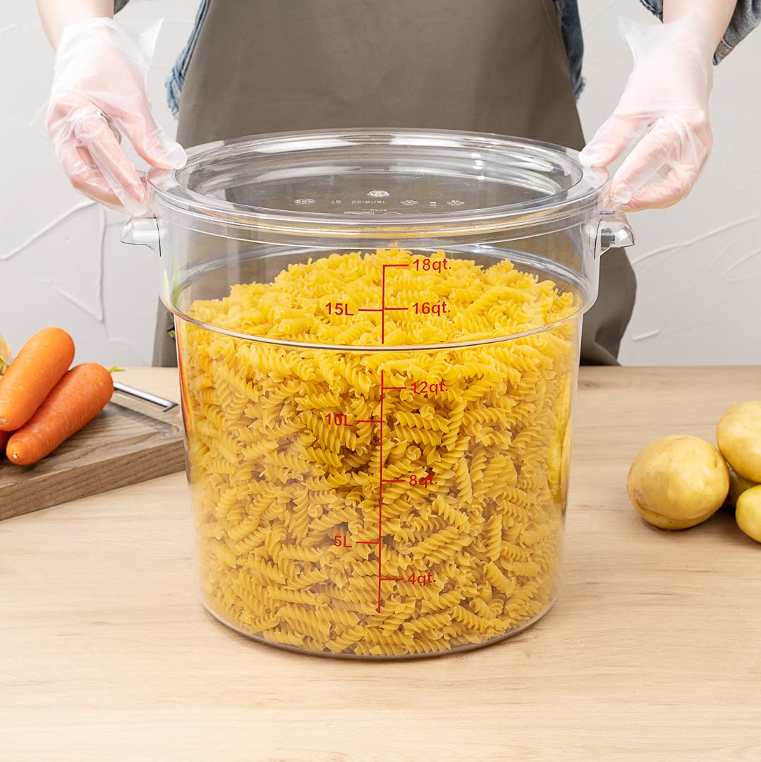 Restaurantware Met Lux 18 Quart (17 Liter) Clear Plastic Food Storage Containers - Set of 10 Round Commercial Food Prep Buckets with Volume Markers, Lids Sold Separately - Ideal for Restaurant Kitchen, Catering, Bulk Food Storage & Space-Saving Organization