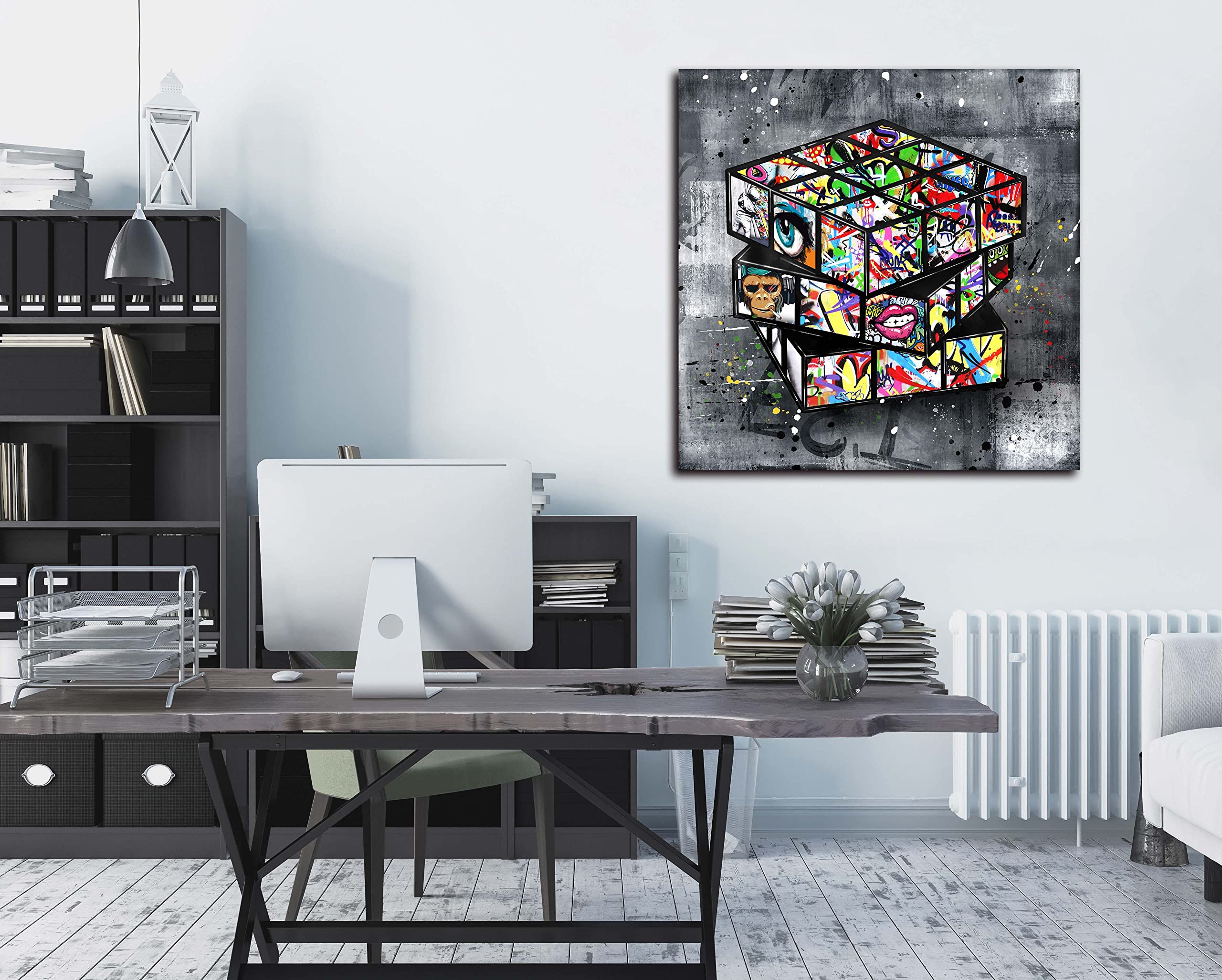 Banksy Wall Art Canvas - Large 36x36 Inch Street Graffiti Painting for Living Room Decor - Ready to Hang Wall Art for Home, Office & Gift (Urban Style Home Decor)