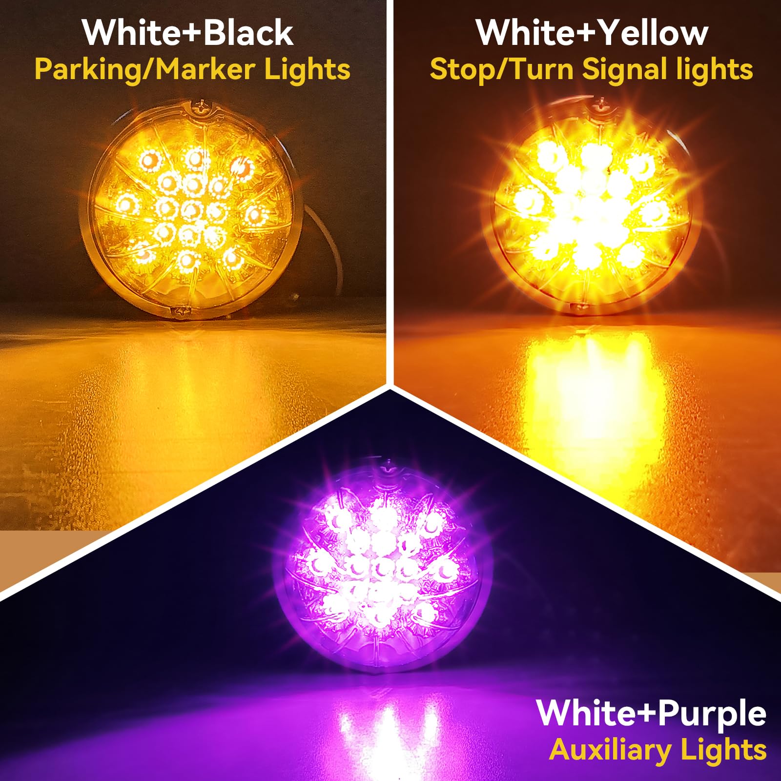 2PCS Dual Revolution Amber to Purple LED Turn Signal and Marker Lights - 17 LED Watermelon Auxiliary Lights with Clear Lens & Stainless Steel Bezel for Freightliner, Kenworth, Peterbilt Trucks and Trailers - Perfect for Heavy Duty Truck Lighting and Safety Enhancement
