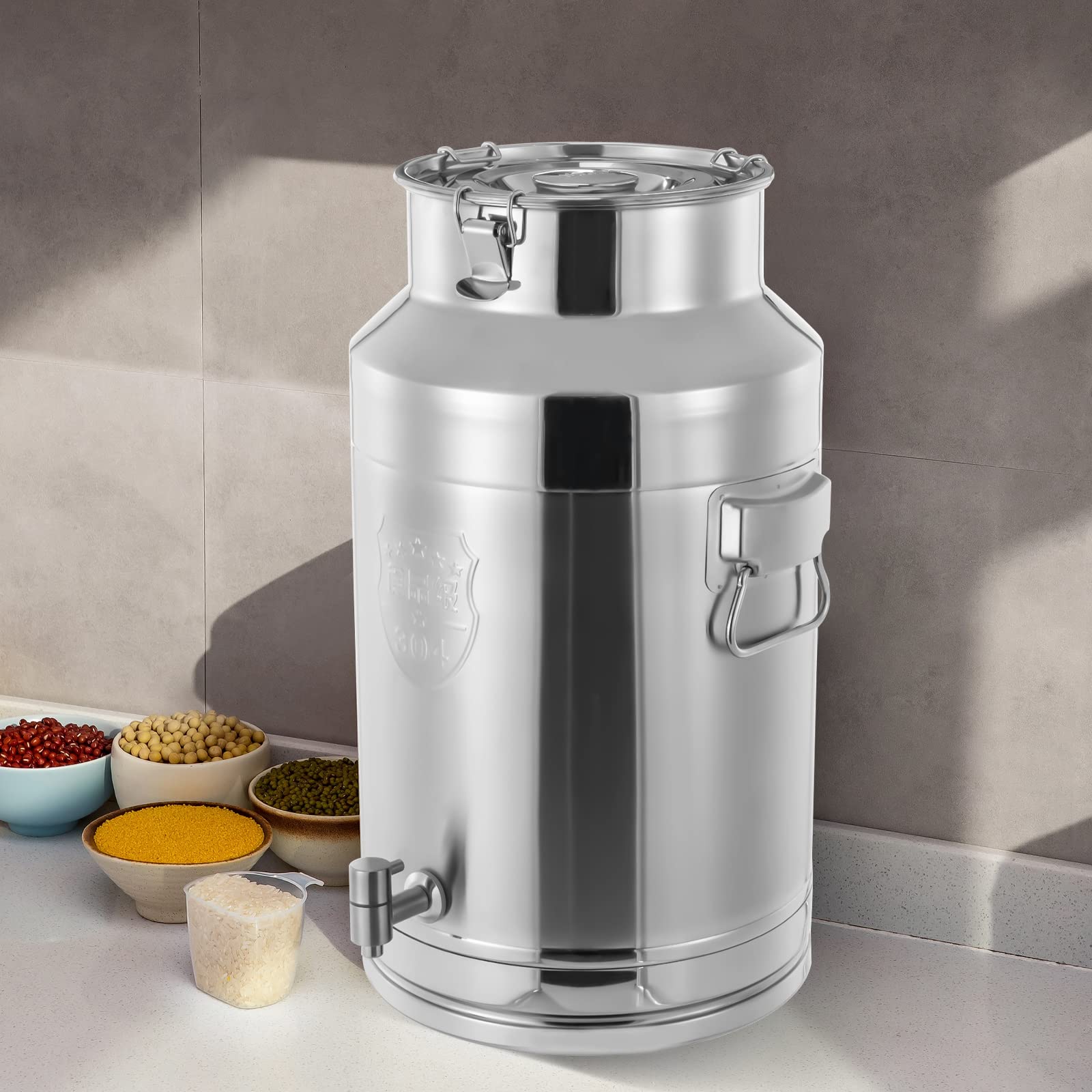 Premium 35L 304 Stainless Steel Heavy Duty Milk Can - Food Grade Sealed Storage Bucket for Liquids & Solids with Lid, Handles & Faucet - Ideal for Milk, Wine, Beverage Storage in Homes, Cafes, Milk Tea Shops & Commercial Kitchens