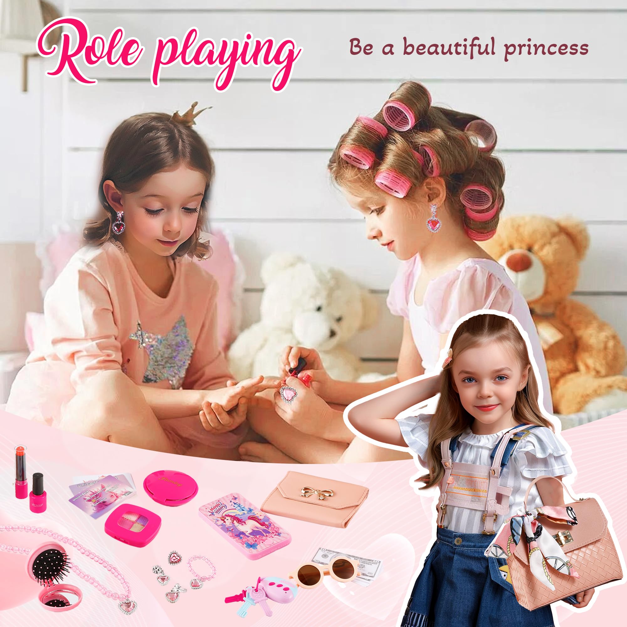 36PCS Princess Pretend Play Set for Girls - Cosmetic Bag, Handbag, Wallet, Mobile Phone & Keys - Perfect Birthday Gift for 3-8 Year Old Girls | Role Play, Dress Up & Imaginative Play Toys