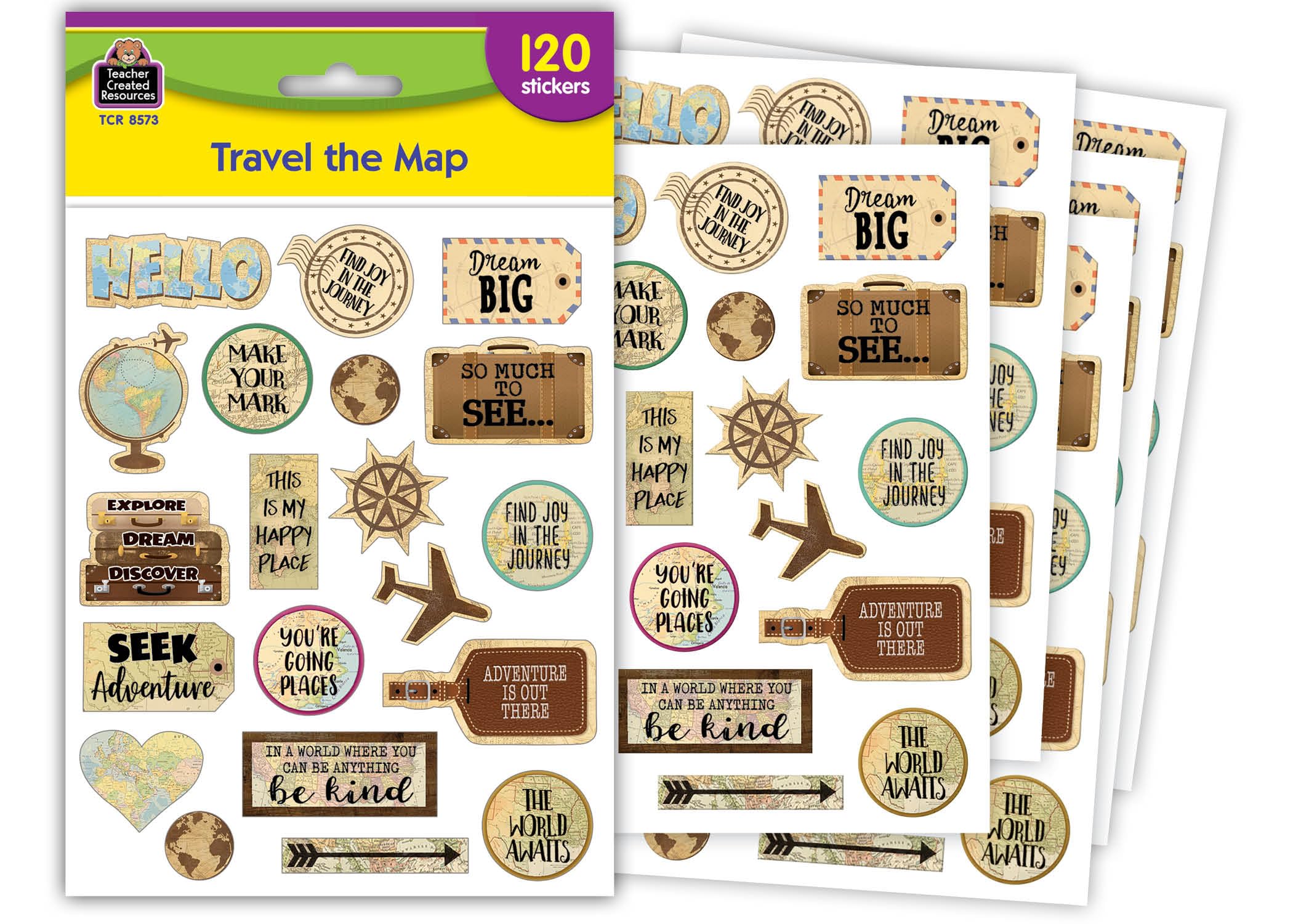 Teacher Created Resources Travel The Map Stickers - Pack of 120 Colorful Geography Stickers for Classroom, Scrapbooking & Travel Journals - Perfect for Teachers, Students & DIY Projects