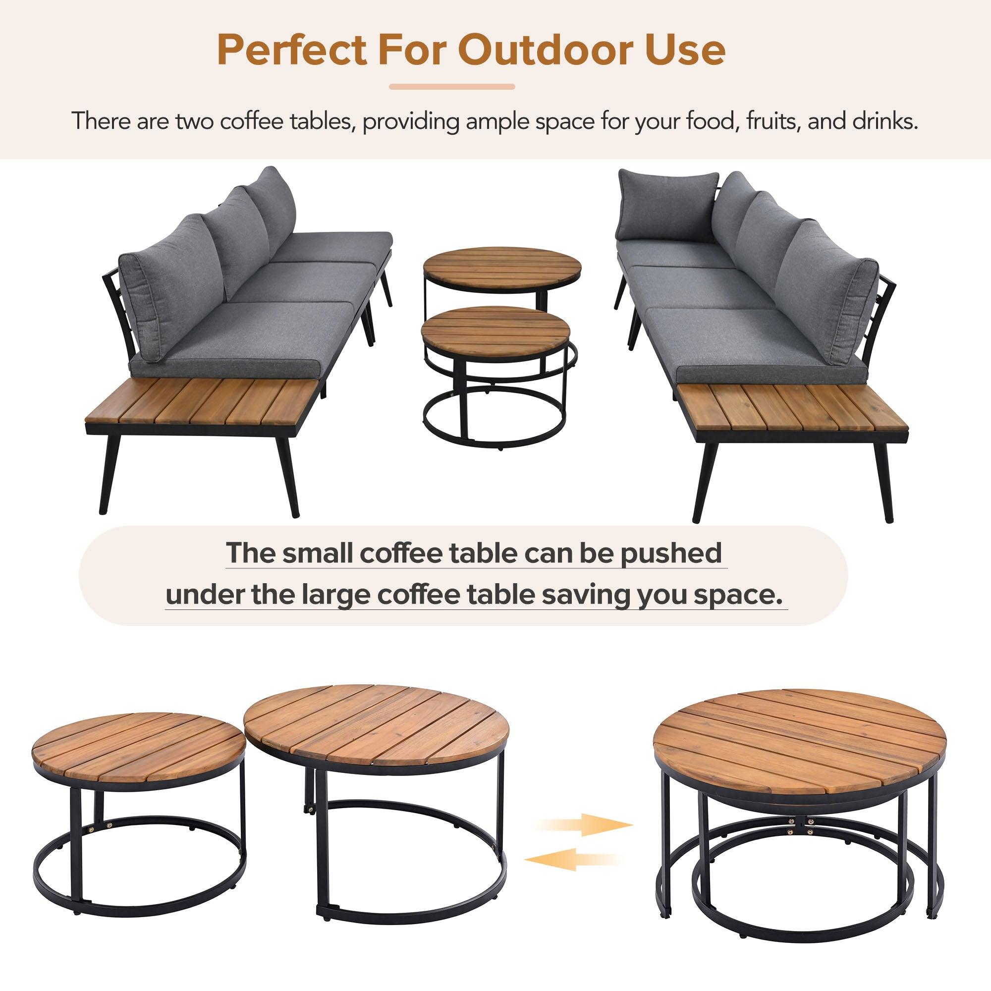 6-Piece Outdoor Sectional Sofa Set with Round Nesting Coffee Tables & Cushioned Seating - Patio, Porch, Garden Furniture for Backyard, Poolside & Outdoor Living Spaces