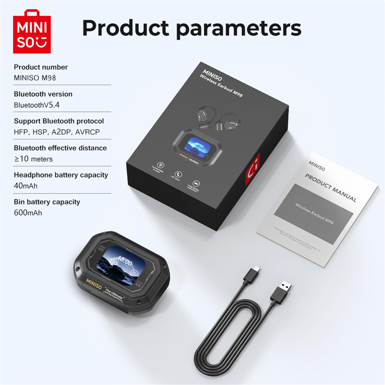 MINISO M98 Open Ear Bluetooth 5.4 Wireless Earbuds with LED Display & Secure Earhooks - Perfect for Running, Gym, Driving & Office Work | Sweatproof OWS Earphones for Sports & Daily Use