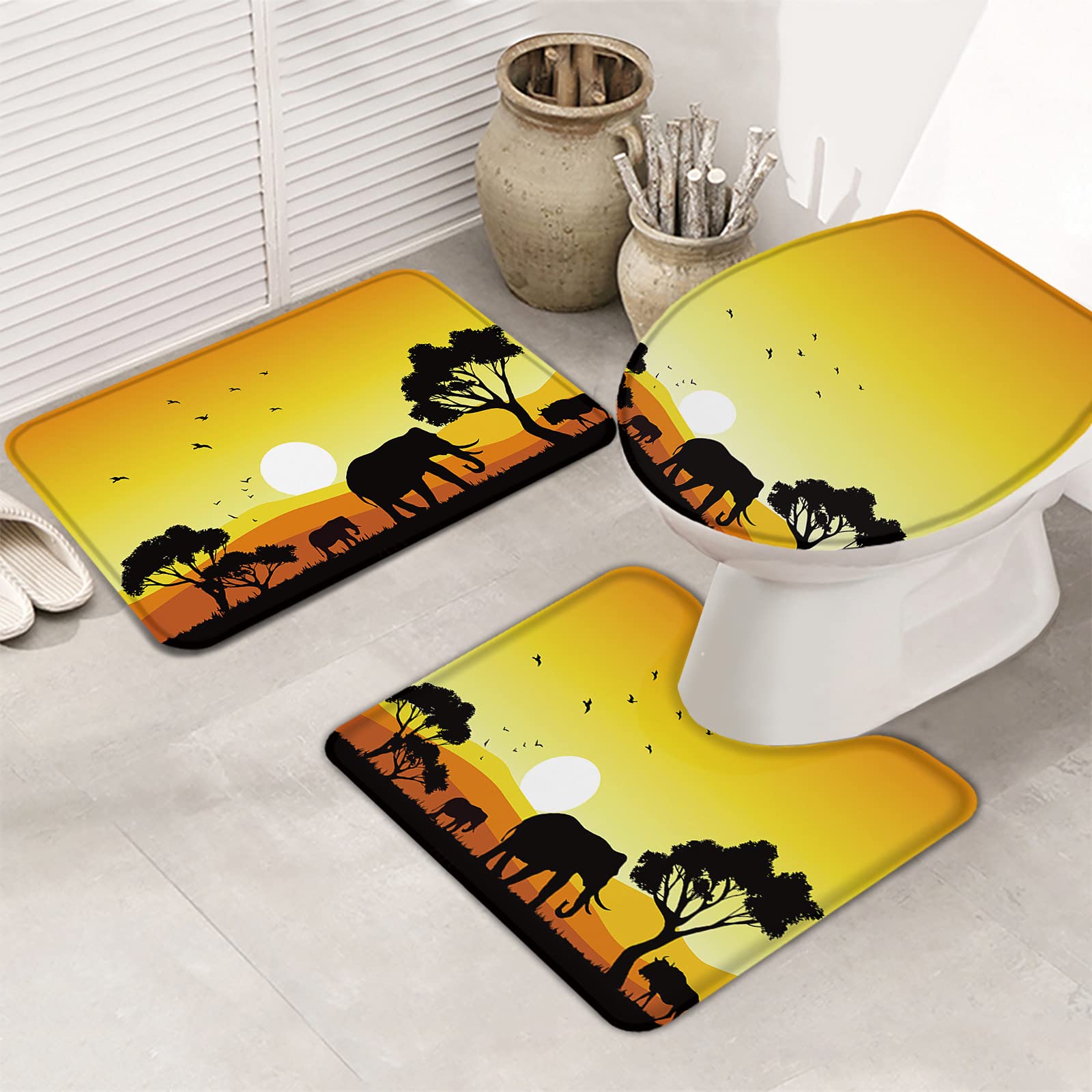 3-Piece Non-Slip Bathroom Rug Set with Elephant & Tree Design - Absorbent Shower Mat, Contour Mat & Toilet Cover - African Sunset Scenery Soft Bath Mats for Bathroom Safety & Decor