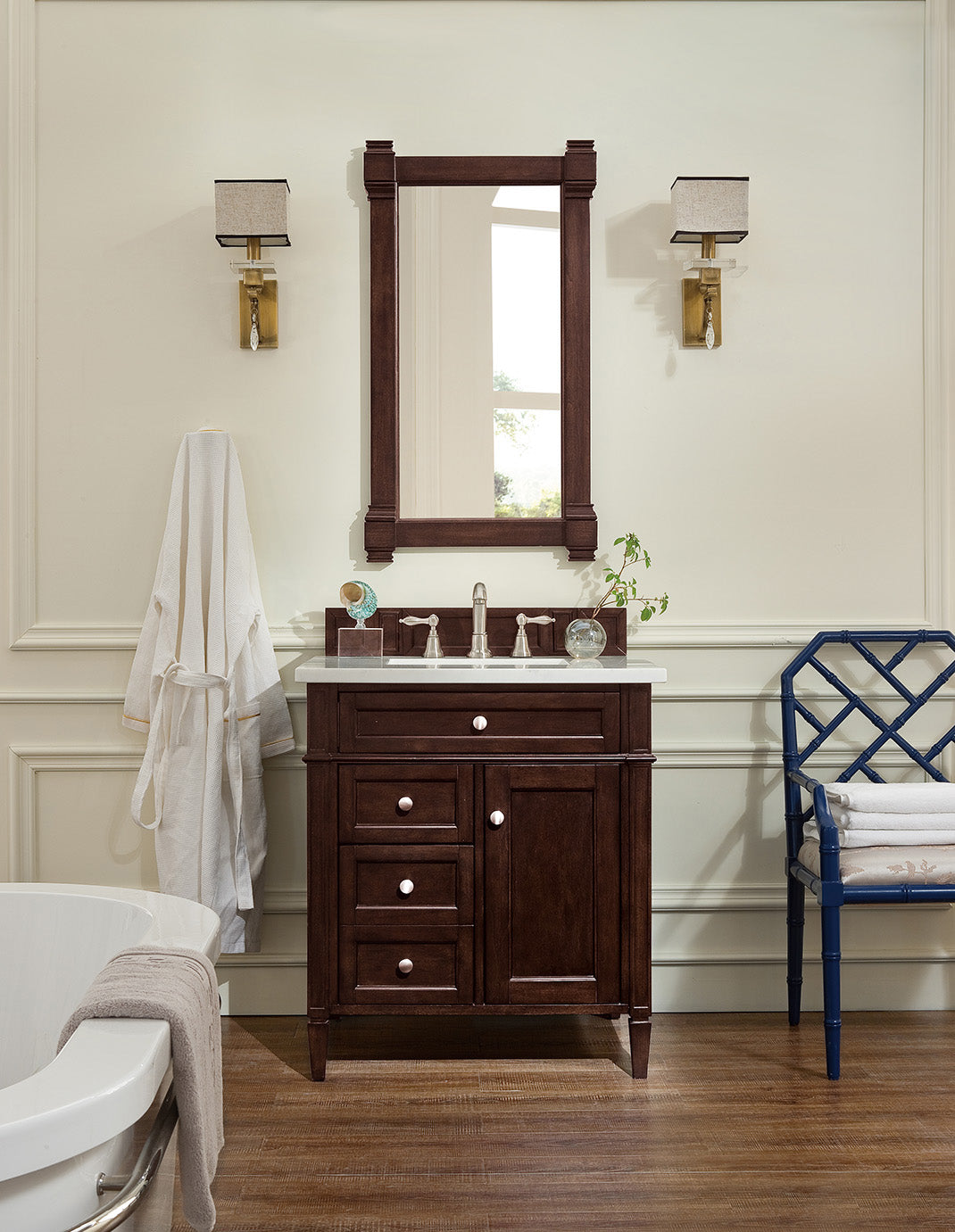 Brittany 30-Inch Single Bathroom Vanity with Burnished Mahogany Finish & 3CM Carrara Marble Top - Perfect for Modern Master Bathrooms and Powder Rooms