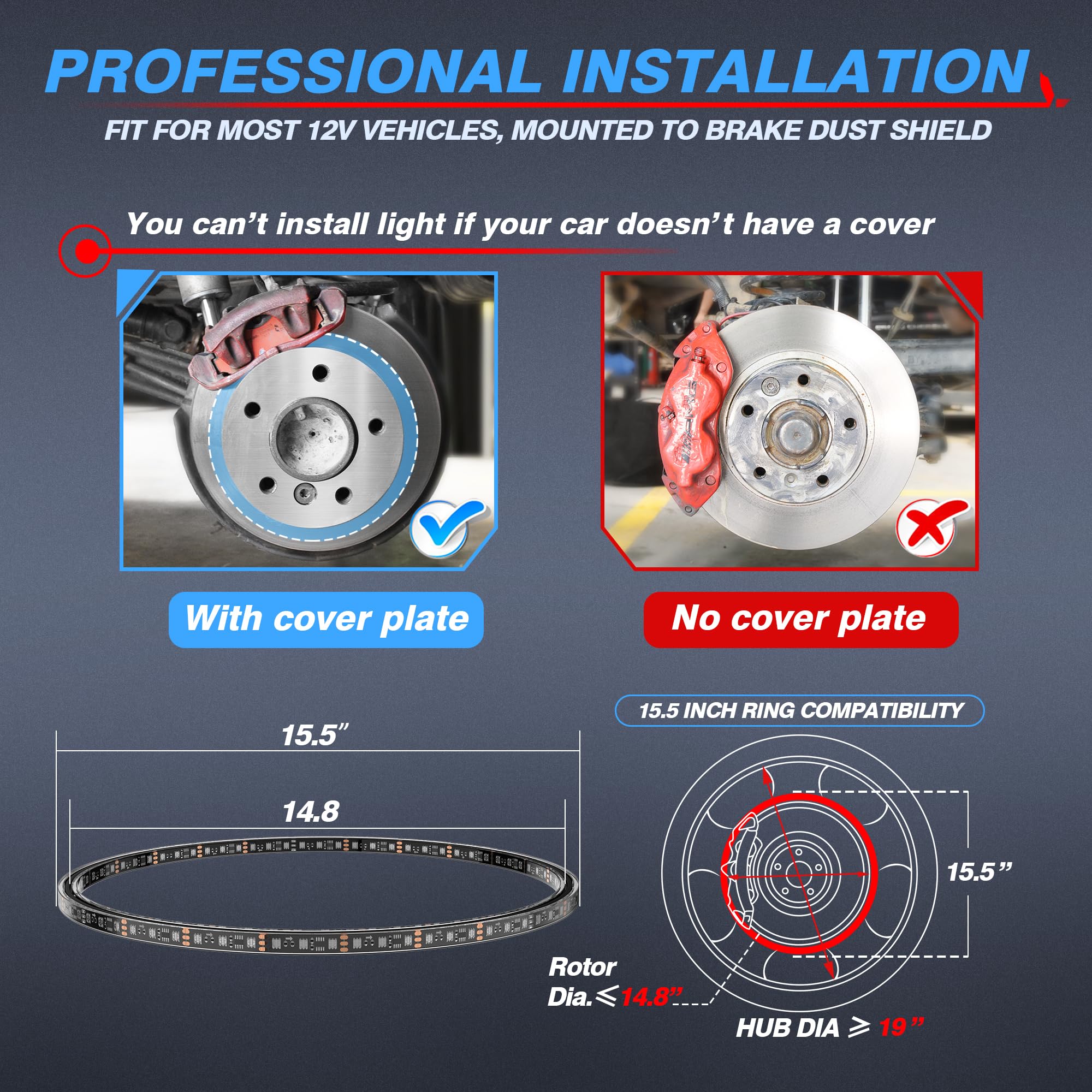 MICTUNING 15-inch RGB+IC LED Wheel Ring Lights Kit with APP Control - Dual-Row Color Chasing Neon Rim Lights for Trucks, SUVs & Cars | Turn Signal & Brake Light Effects | Perfect for Off-Roading, Car Shows & Night Driving