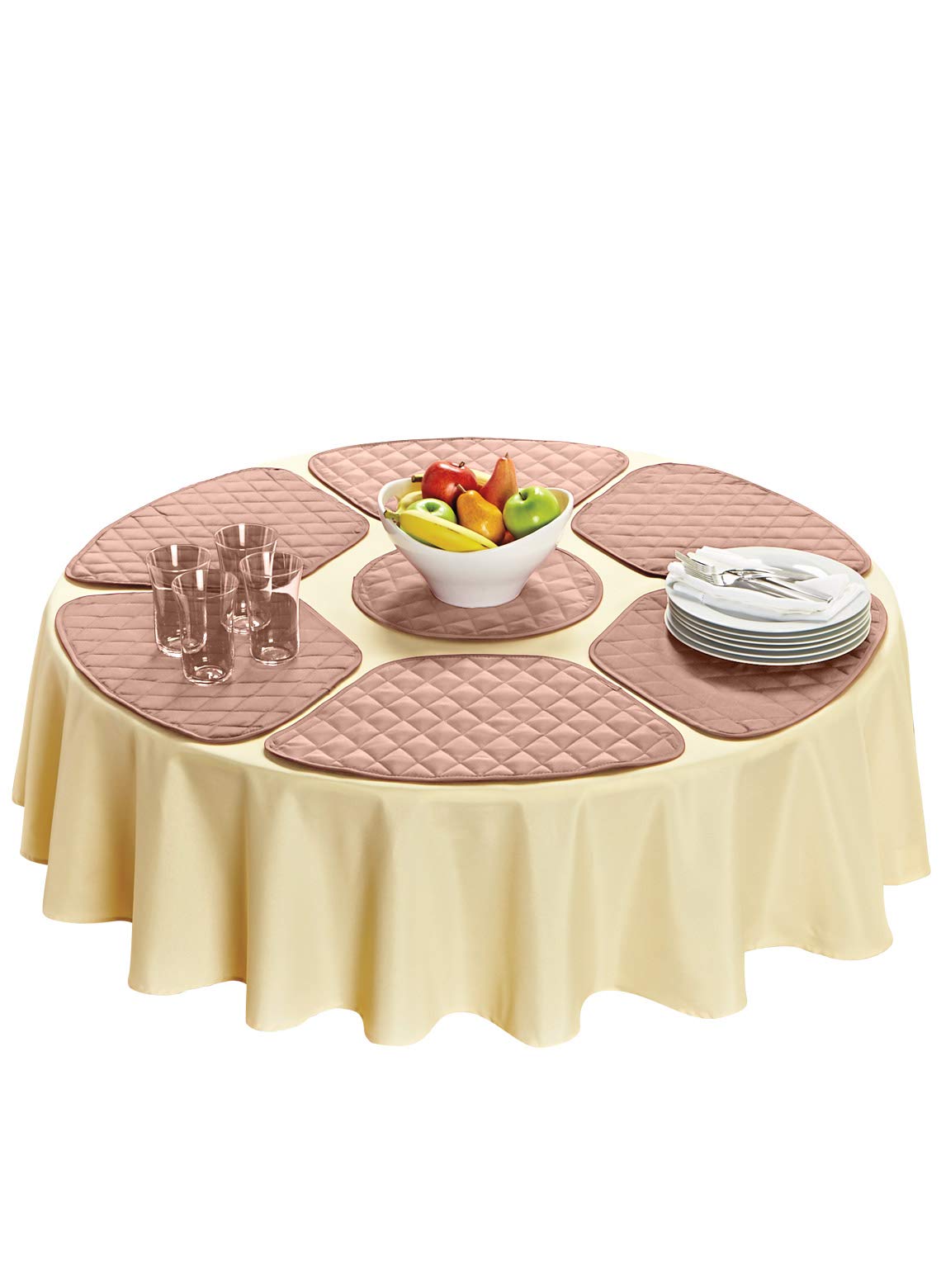 Premium Round Table Placemats Set of 7 - Beige Cotton Linen Place Mats for Dining Table, Kitchen, Party & Home Decor - Washable & Heat Resistant