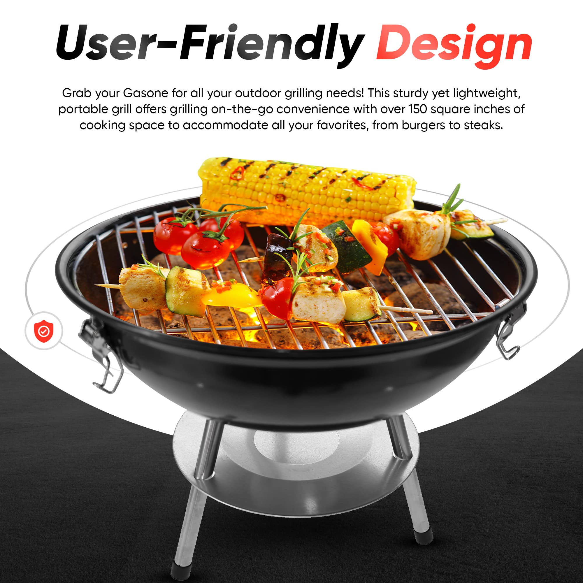 Gas One 14-Inch Portable Charcoal Grill - Compact BBQ with 3-Point Locking Lid & Dual Venting System for Even Heat - Perfect for Backyard, Camping, Boating & Outdoor Cooking Adventures