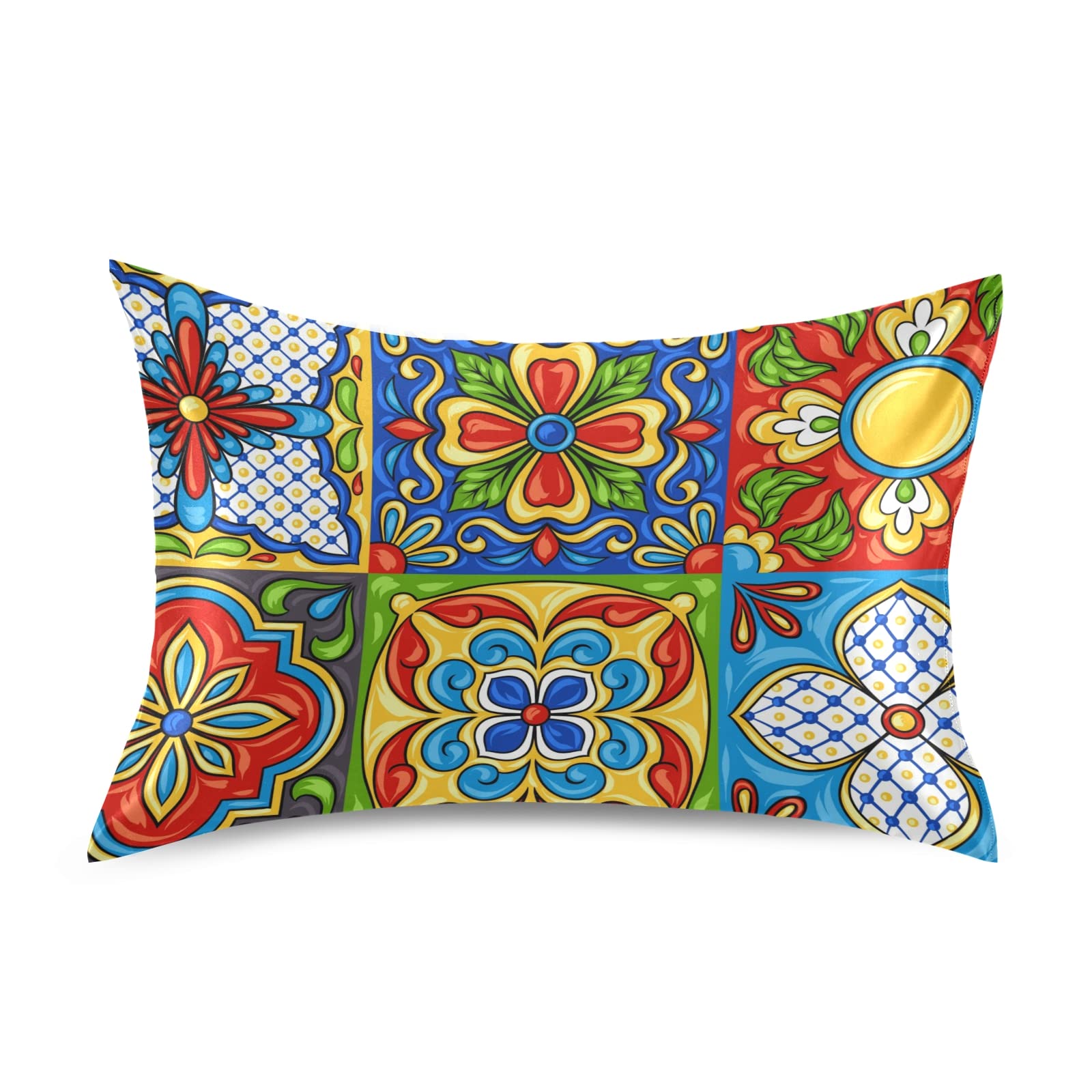 Mexican Talavera Satin Pillowcases 20x26 Inch - Breathable Hair & Skin Care Pillow Covers with Envelope Closure for Sofa, Bed, Couch - Perfect for Home Decor, Gift Giving & Beauty Sleep