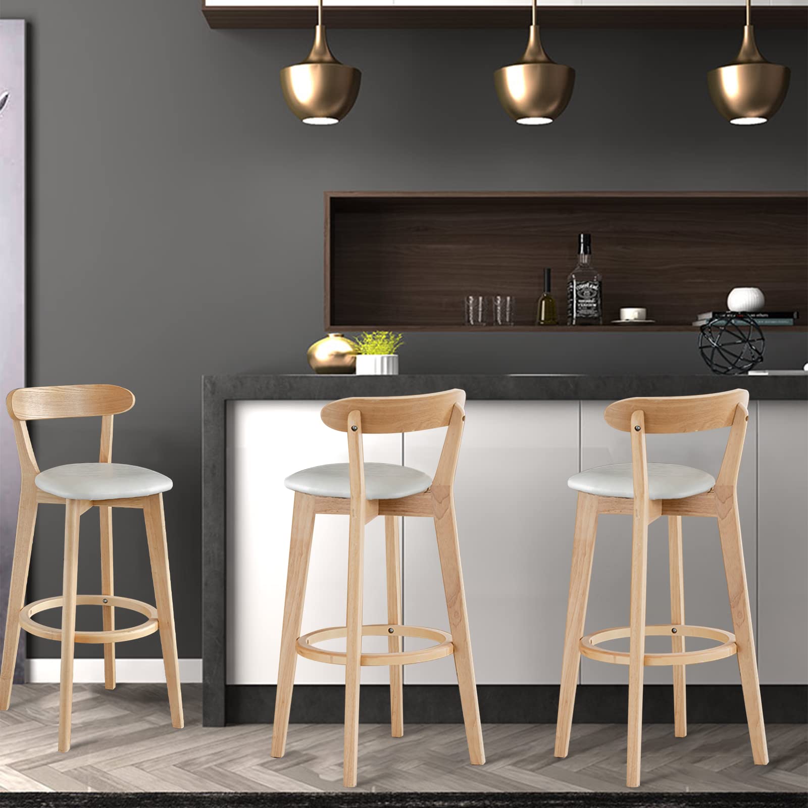 Premium Wooden Breakfast Bar Stool with PU Leather Backrest & Armrest - Comfortable Kitchen Island Chair for Dining, Coffee Shops & Home Decor