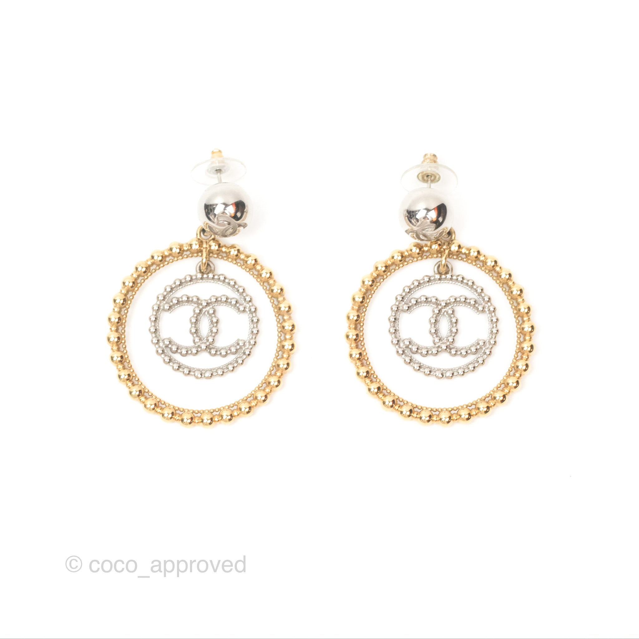 Chanel CC Hoop Drop Earrings in Silver & Gold Tone - 22C Collection | Luxury Fashion Jewelry for Women, Perfect for Parties, Weddings & Special Occasions