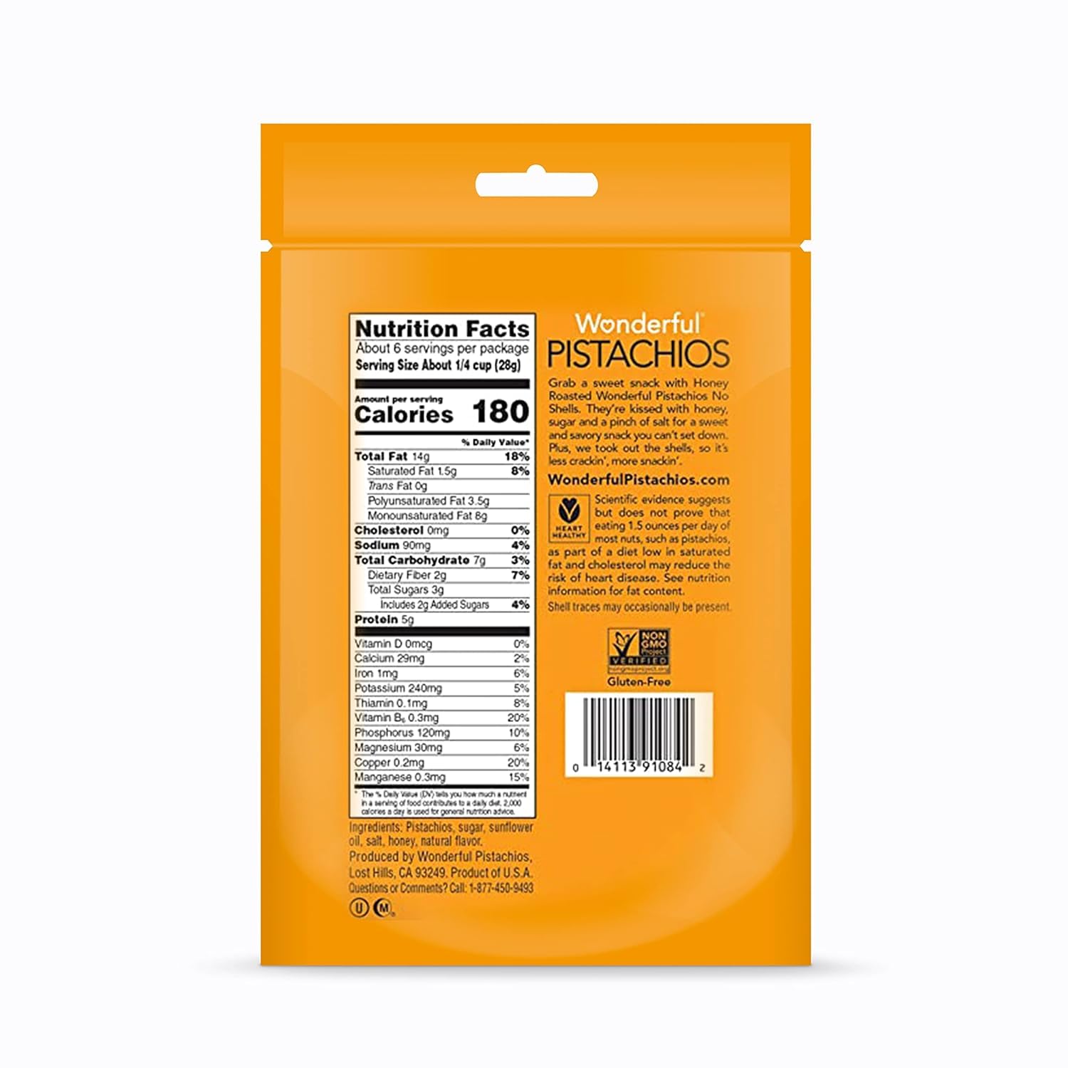 Wonderful Pistachios No Shells, Honey Roasted Nuts - 5.5oz Resealable Bag | Protein Packed, Gluten Free Healthy Snacks | Perfect for Office, Travel & On-the-Go Energy Boost