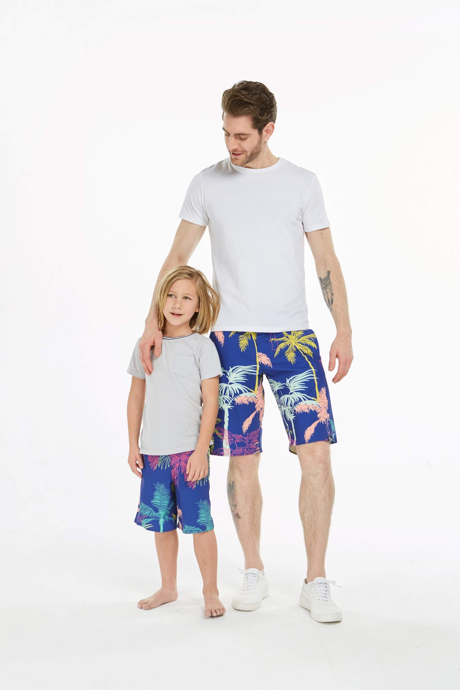 Father & Son Matching Hawaiian Swim Trunks - Quick Dry Spandex Board Shorts with Crayon Palms Print for Beach Vacation & Pool Party