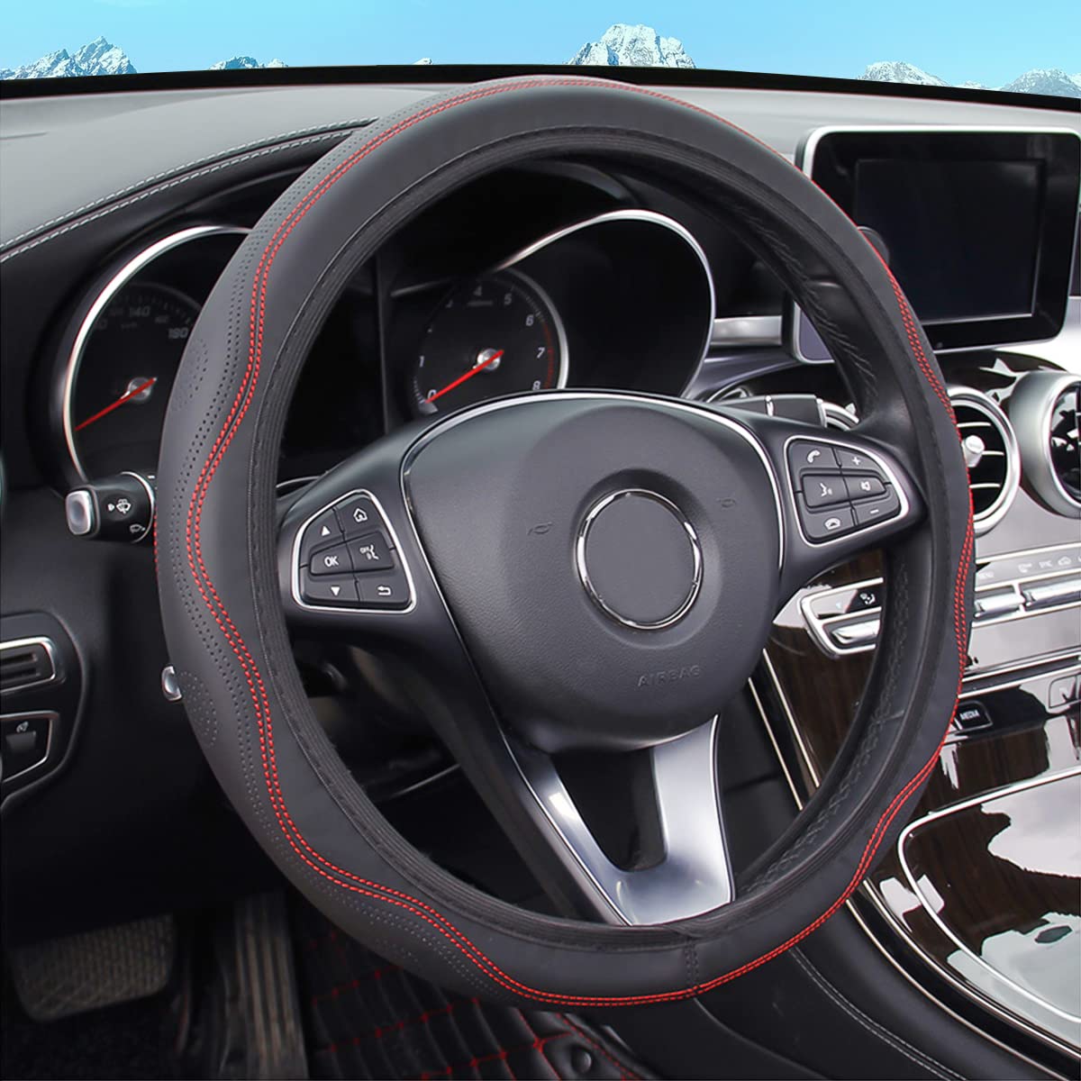 Universal 15 Inch Non-Slip PU Leather Steering Wheel Cover - Comfortable Elastic Auto Wheel Protector for Men & Women - Fits Most Cars, SUVs & Vehicles (Black/Red) - Perfect for Daily Commute & Road Trips
