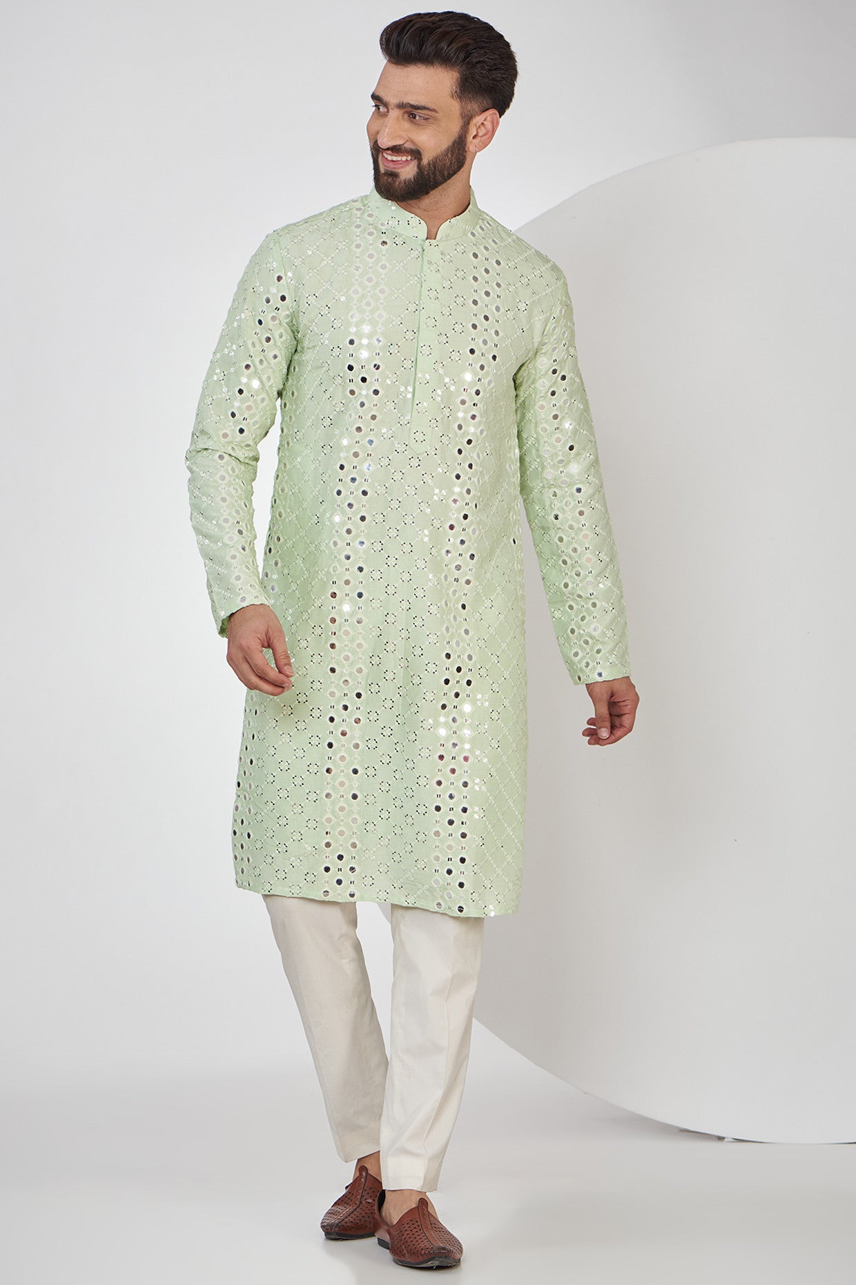 Pastel Green Mirrorwork Kurta for Women - Embroidered Indian Tunic Top - Boho Ethnic Wear for Festivals & Parties