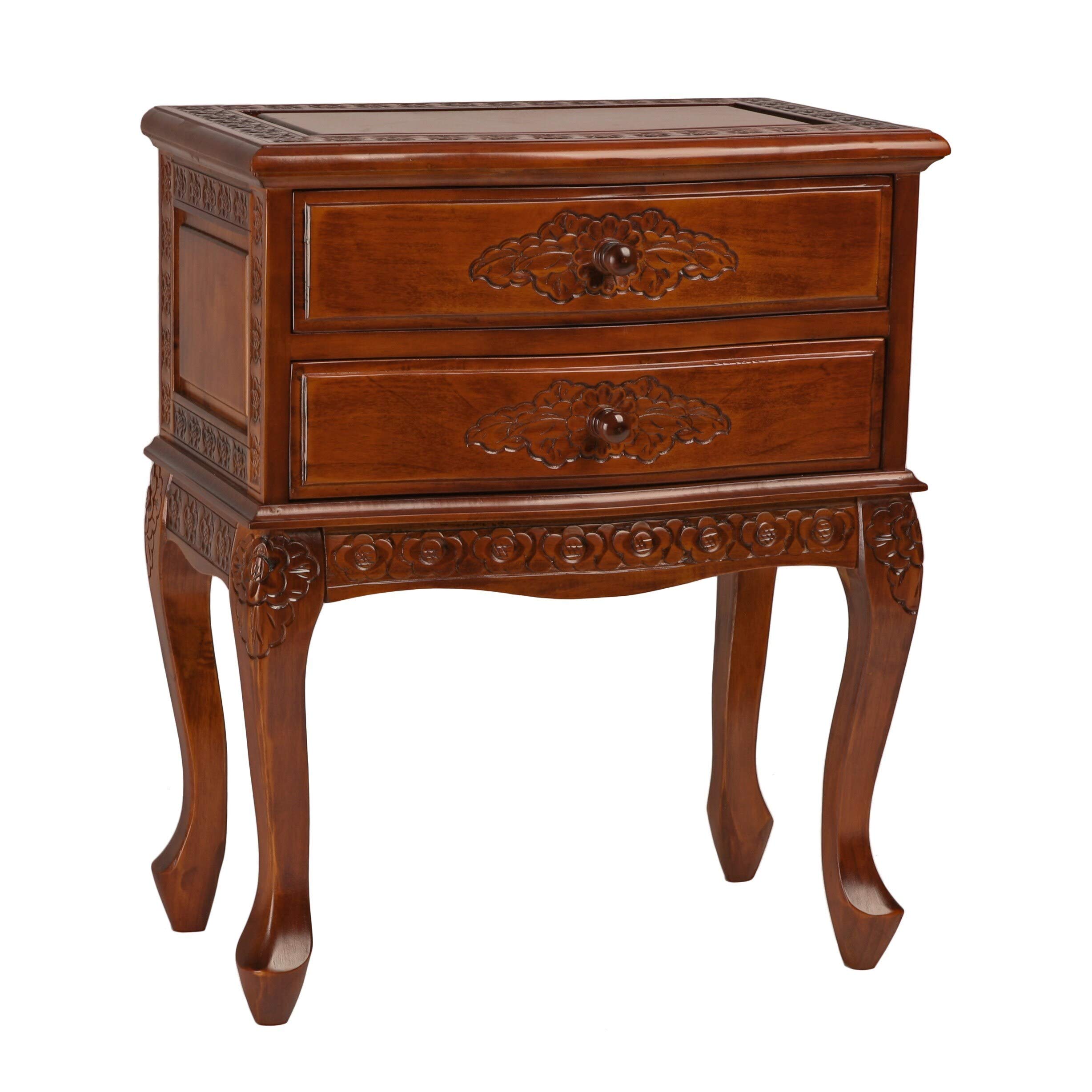 Handcrafted Wooden Two-Drawer Side Table - International Caravan Furniture for Living Room, Bedroom & Office - Vintage Carved Wood Accent Table with Storage