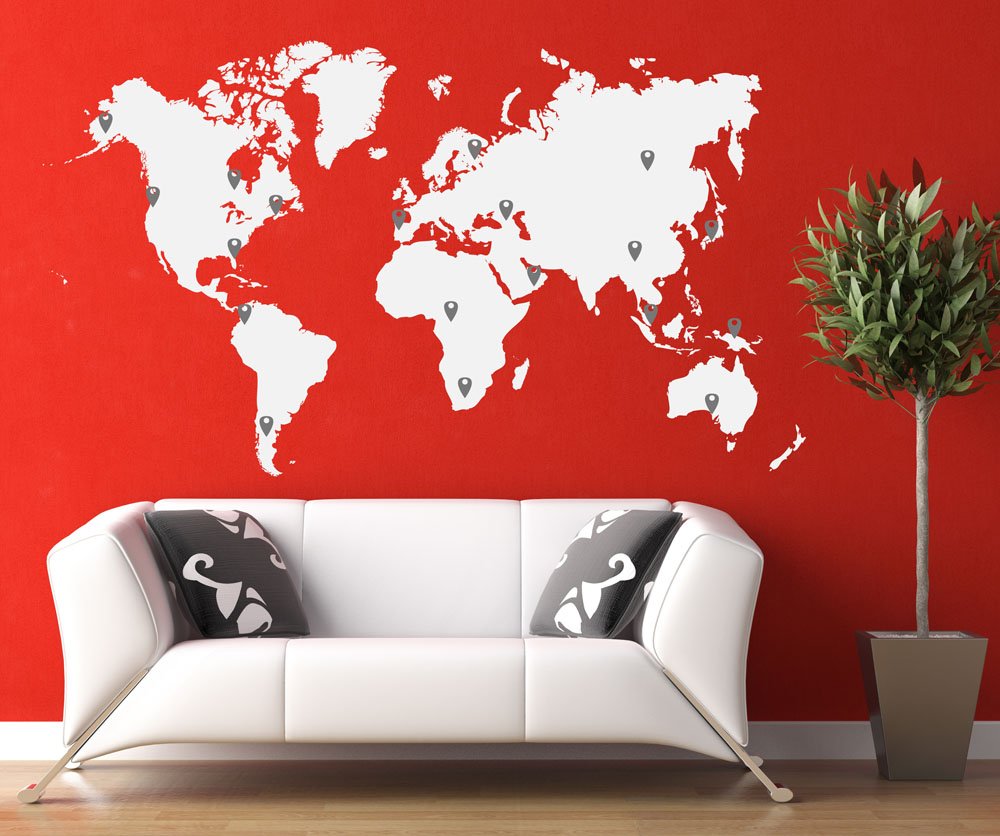 Stickerbrand World Map Wall Decal with 224 Pins - White Map with Red, Black, White & Grey Pins, 60