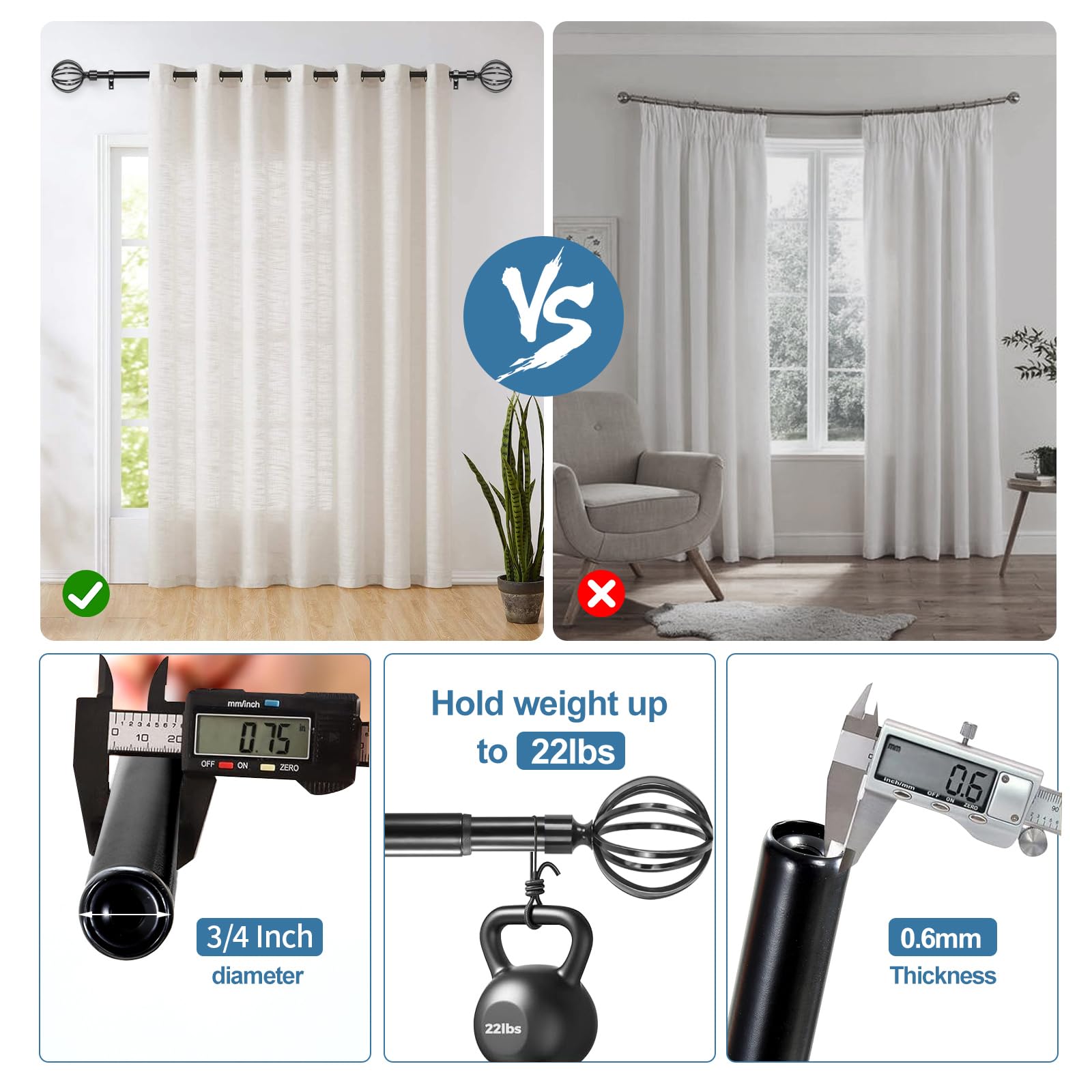 Urbanest Steel Cage Ball Window Drapery Curtain Rod Set - Adjustable 28 to 48 Inches, Black - Perfect for Living Room, Bedroom & Modern Home Decor