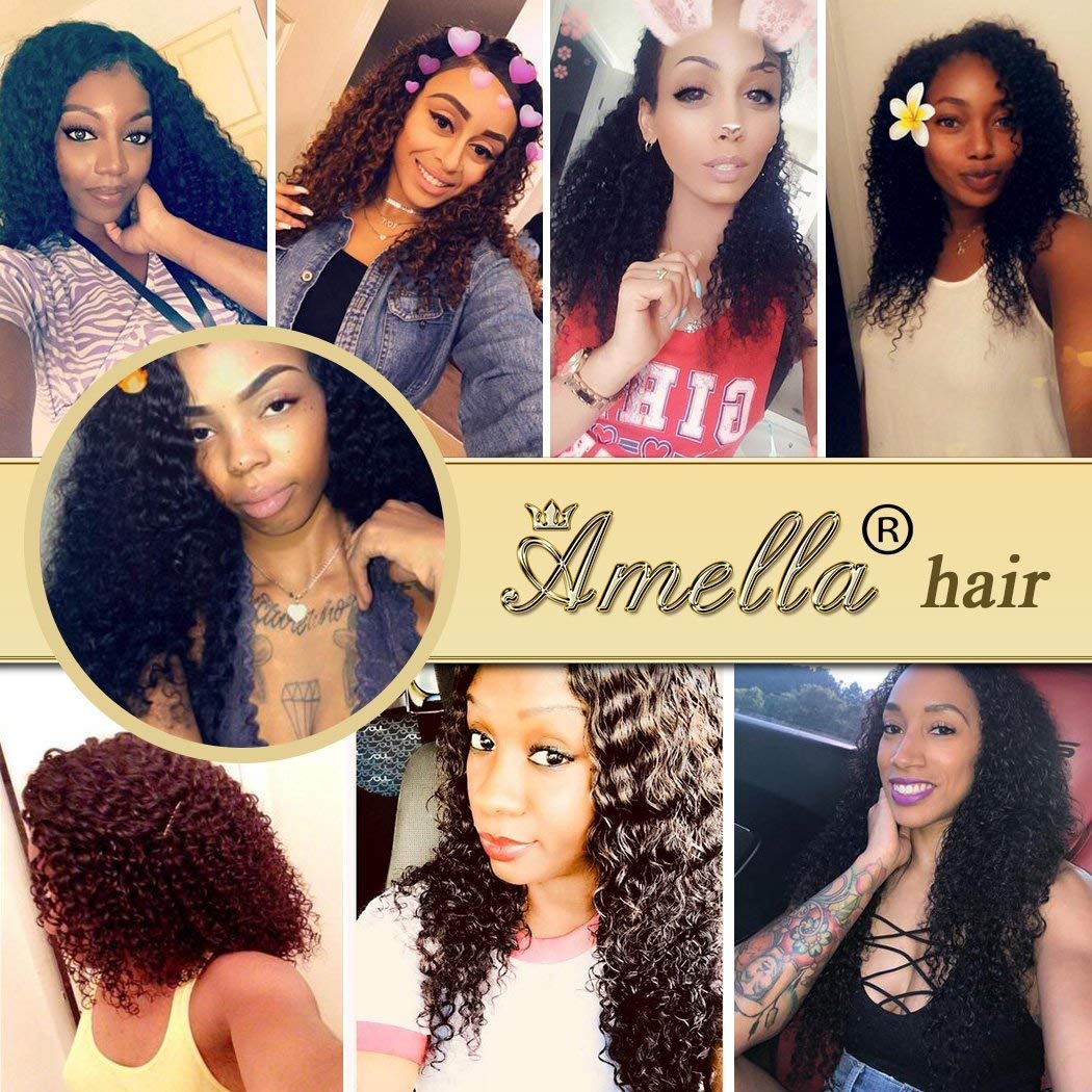 Amella Hair 8A Brazilian Virgin Curly Human Hair Weave - 100% Unprocessed 3 Bundles with Swiss Lace Frontal (14