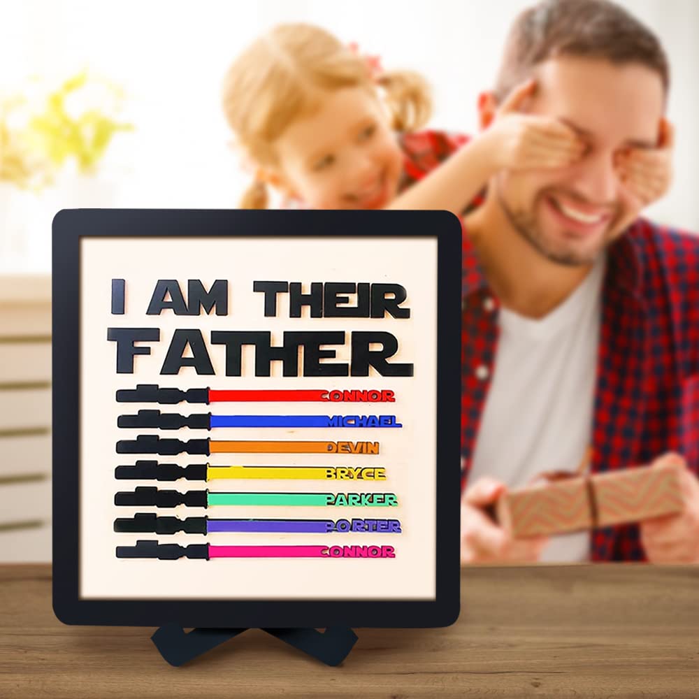 Custom Engraved Wooden 'I Am Their Father' Sign - Personalized Fathers Day Gift with 1-9 Color Names & Light Saber Design - Perfect Desk Decor for Dad, Papa, Daddy, Grandpa - Great for Home Office, Man Cave, or Star Wars Themed Room
