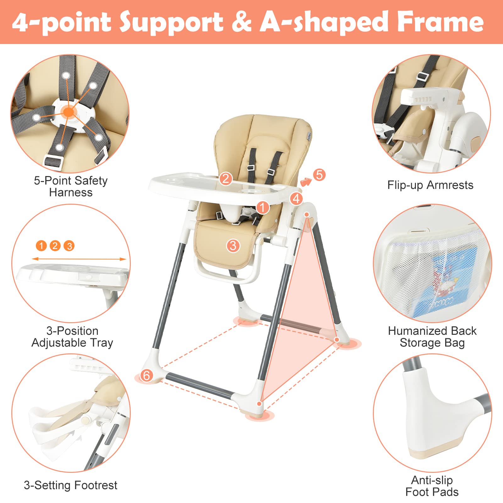 HONEY JOY Foldable Baby High Chair with Book Rack, Storage Basket & Double Food Tray - 8 Height Adjustments & 4 Reclining Positions - Safe Dining Chair for Infants & Toddlers (Beige) - Perfect for Feeding, Reading & Playtime at Home