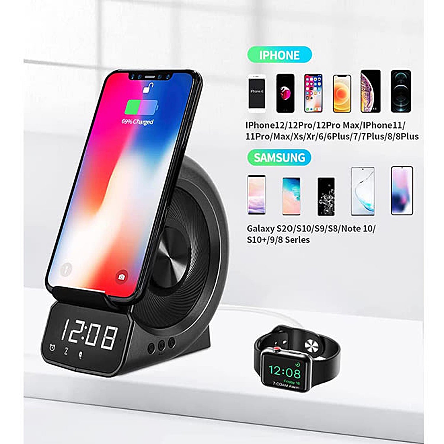 Wireless Charging Stand with Bluetooth Speaker - Fast Qi Wireless Charger for iPhone, Samsung, AirPods - Perfect for Home, Office, and Travel Use