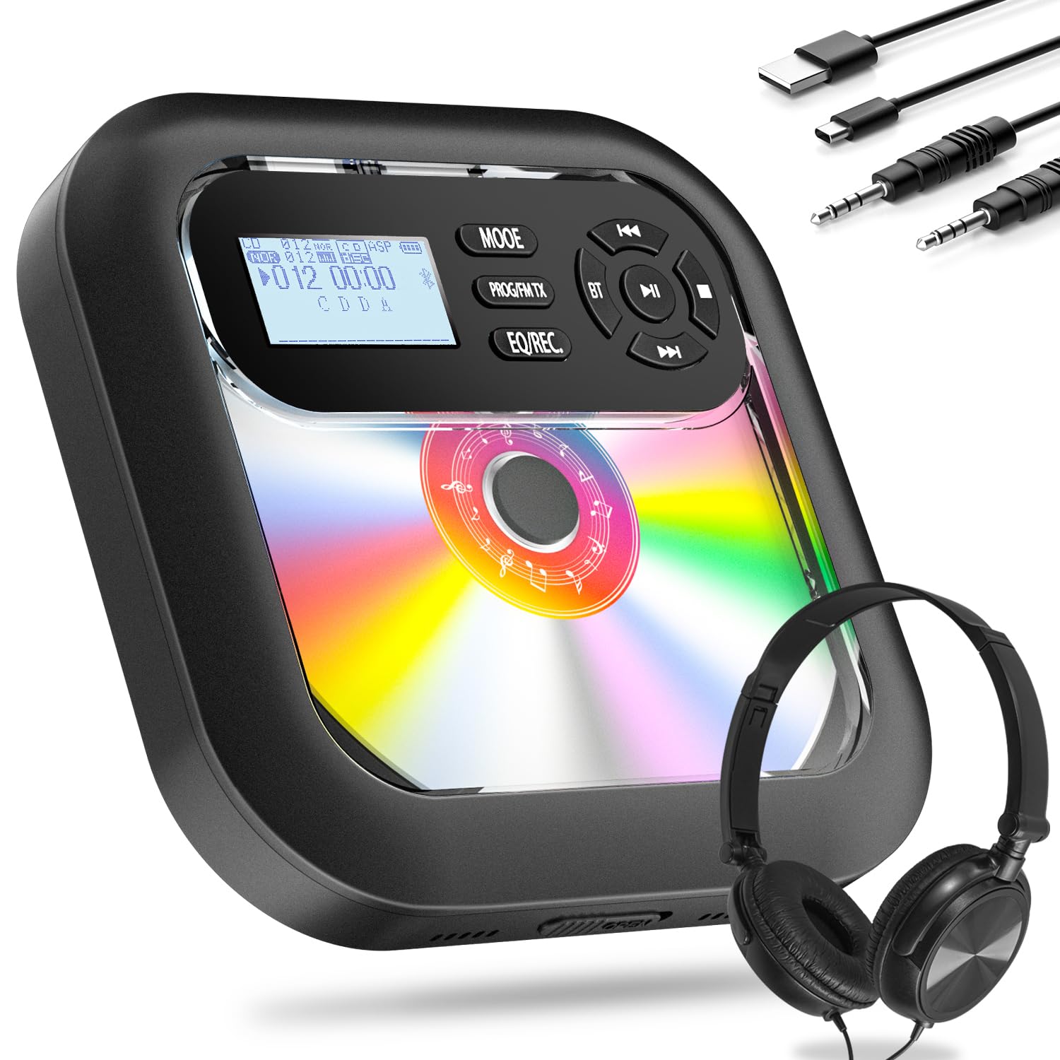 Portable Bluetooth CD Player with Built-in Speakers, Rechargeable Battery, FM Radio & AUX Input - Supports Headphones for Home, Car and Travel Use
