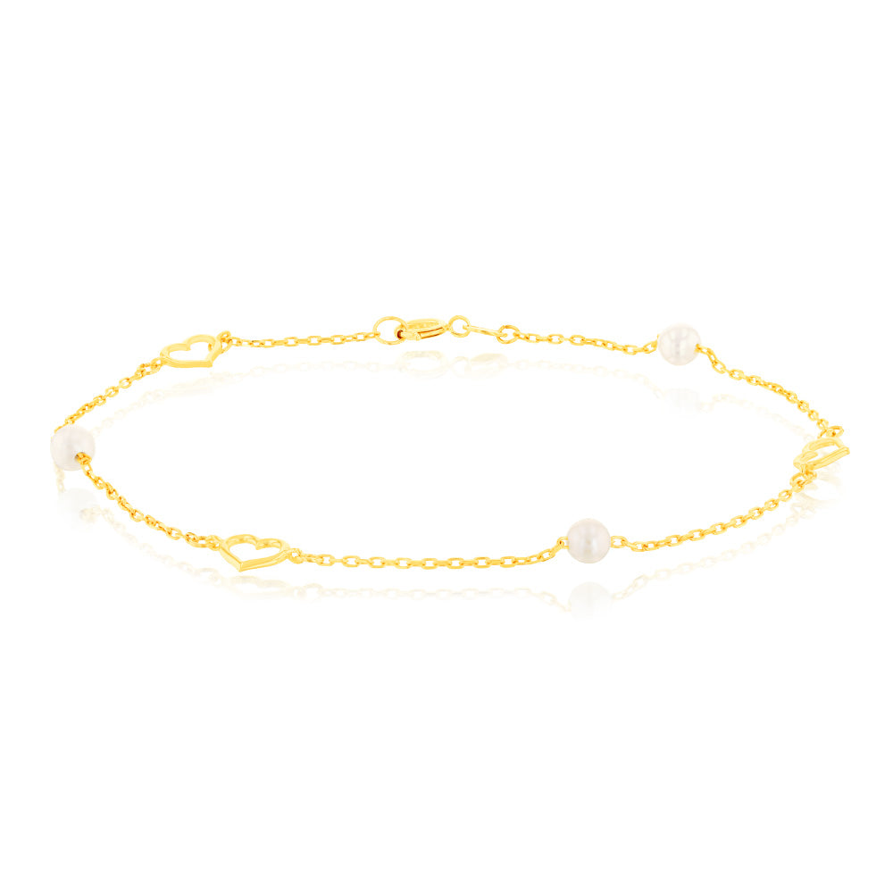 9ct Yellow Gold 19.10cm Heart and Pearl Bracelet for Women - Elegant Pearl Heart Charm Bracelet - Perfect for Valentine's Day, Anniversary, Birthday Gifts & Special Occasions